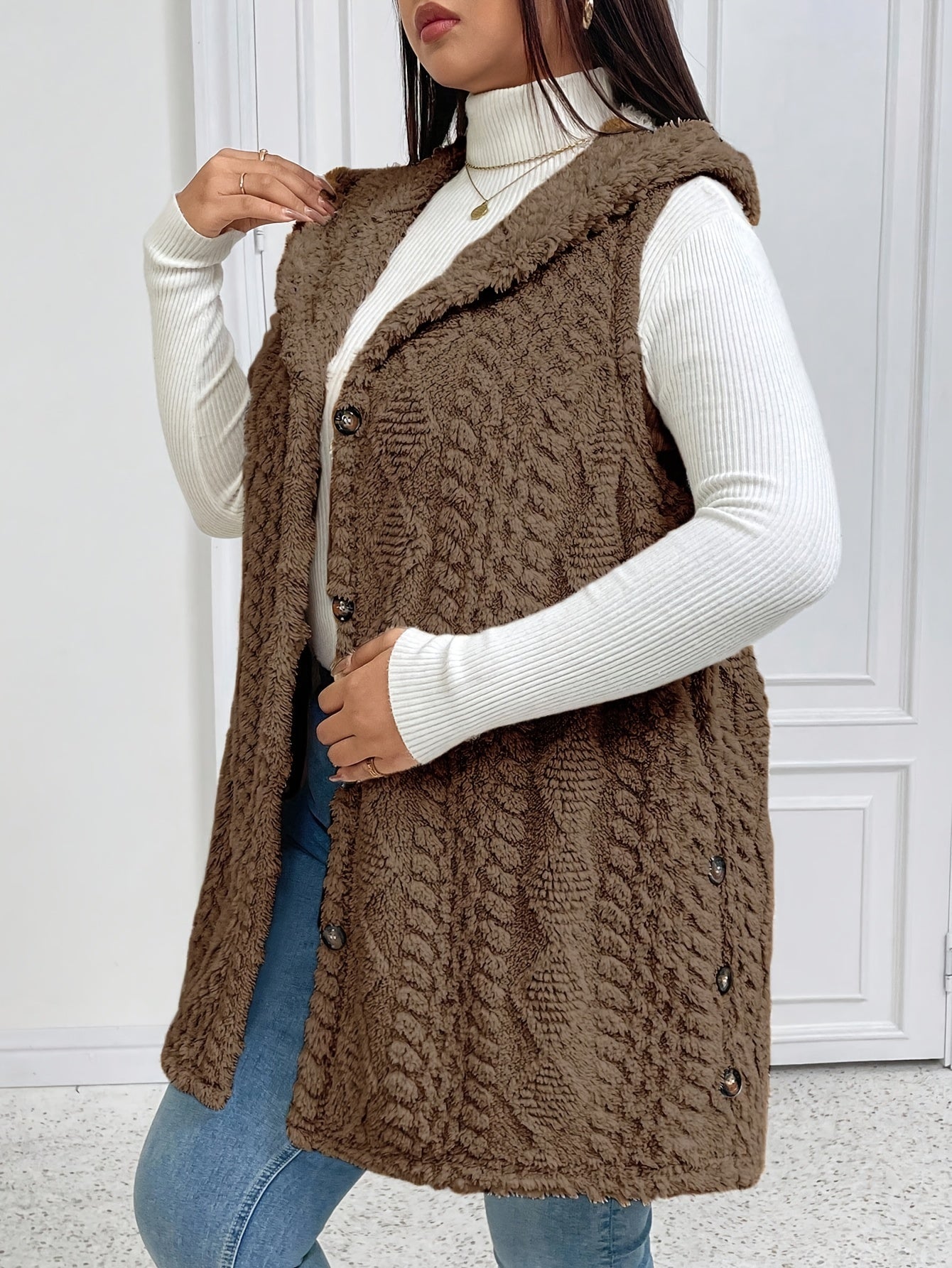 Hooded Fleece-Lined Faux Button Sleeveless Vest
