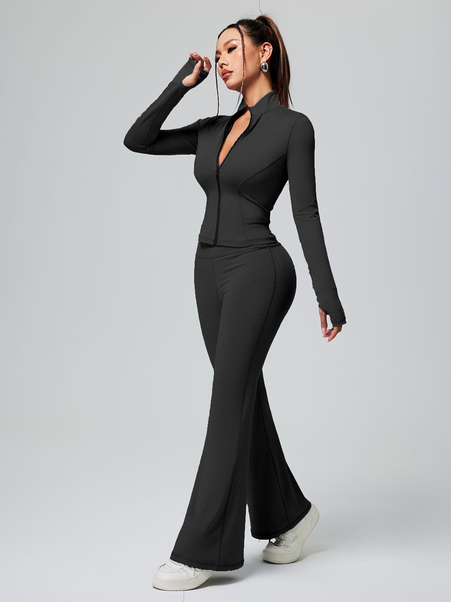 Fitted Sports Jacket & High-Waisted Flared Pants Set