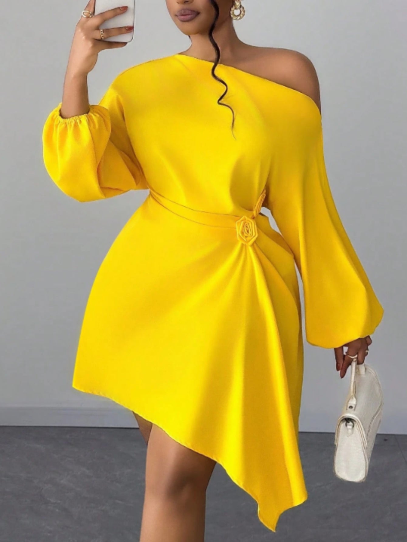 Bright Yellow One-Shoulder Balloon Sleeve Dress