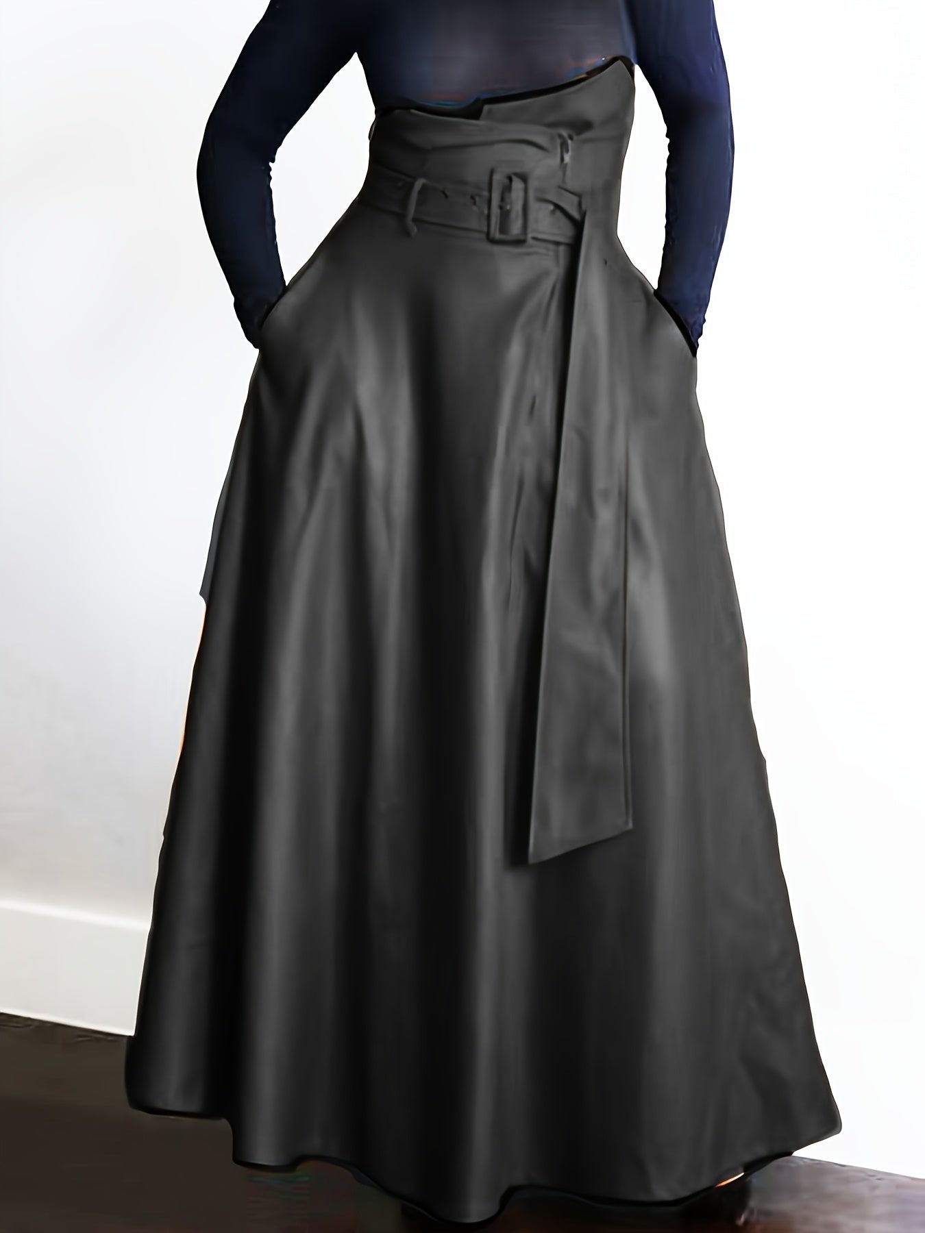 Vibrant High-Waisted Belted Faux Leather Skirt with Side Zipper Pockets