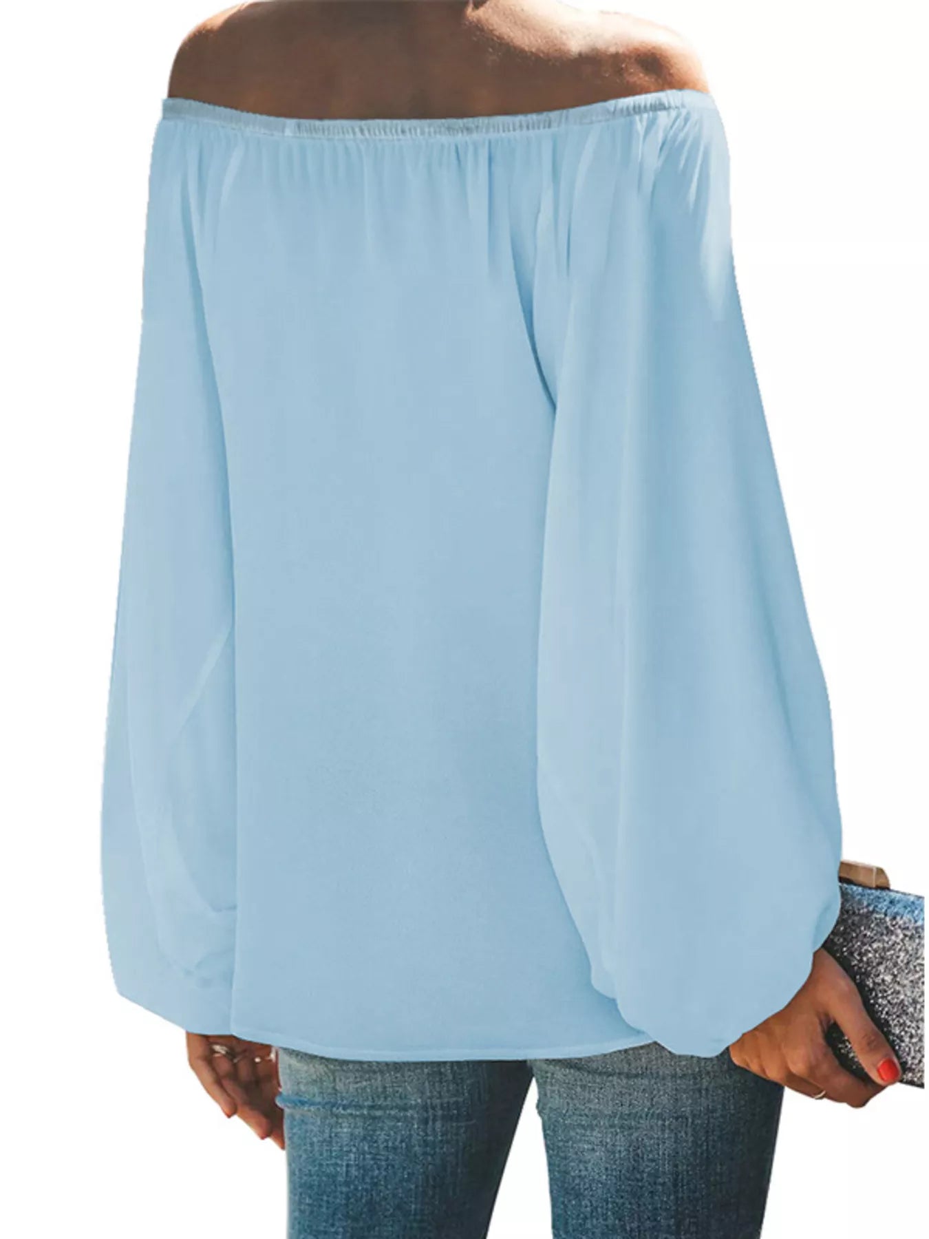 Off-shoulder balloon sleeve blouse by Trendsi, featuring a stylish neckline and voluminous sleeves, perfect for trendy tops and blouses.