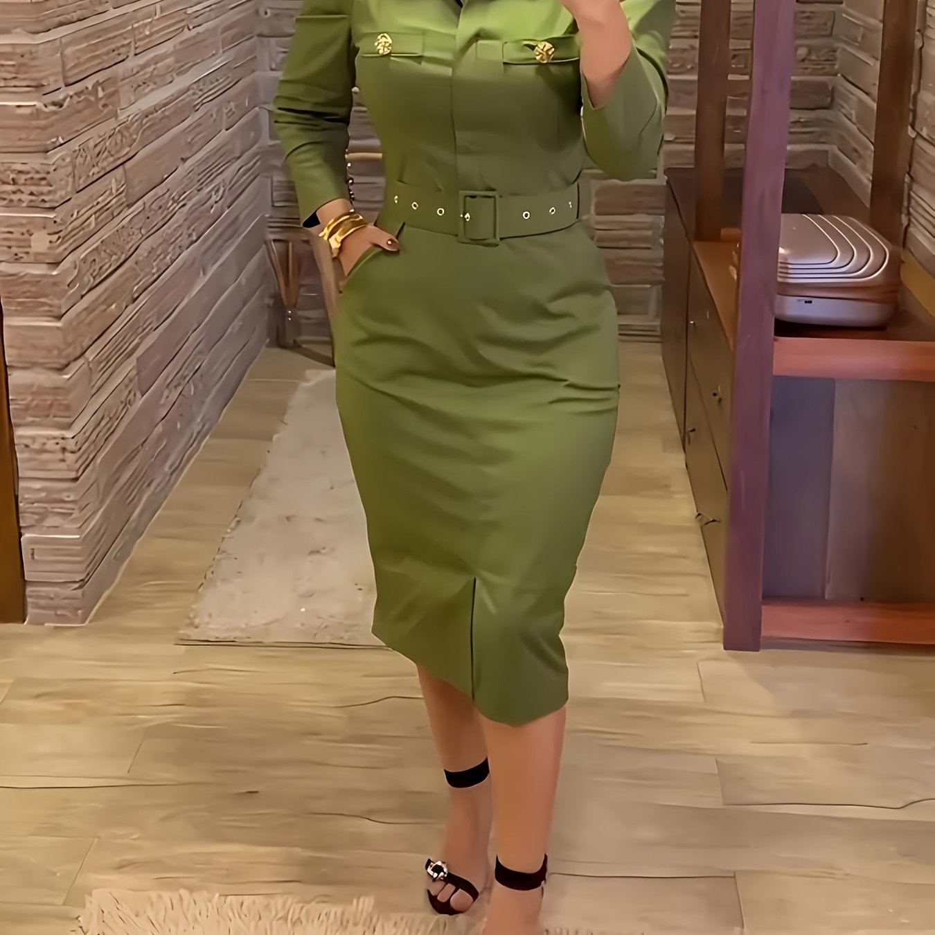 Green Gold Button Accent with Side Zipper Belted Dress