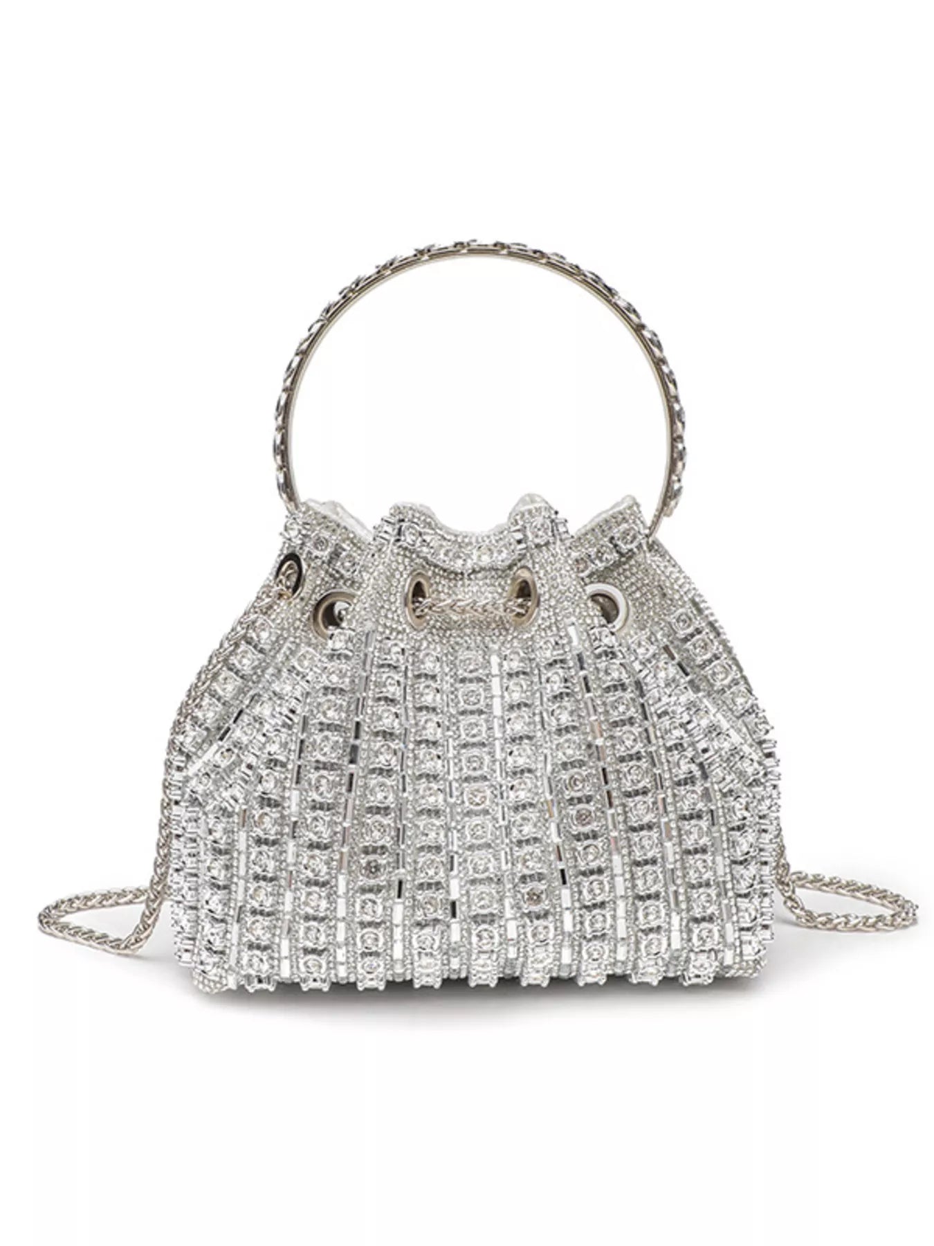 Rhinestone embellished bucket crossbody handbag with silver chain strap, featuring sparkling rhinestones and a compact design.