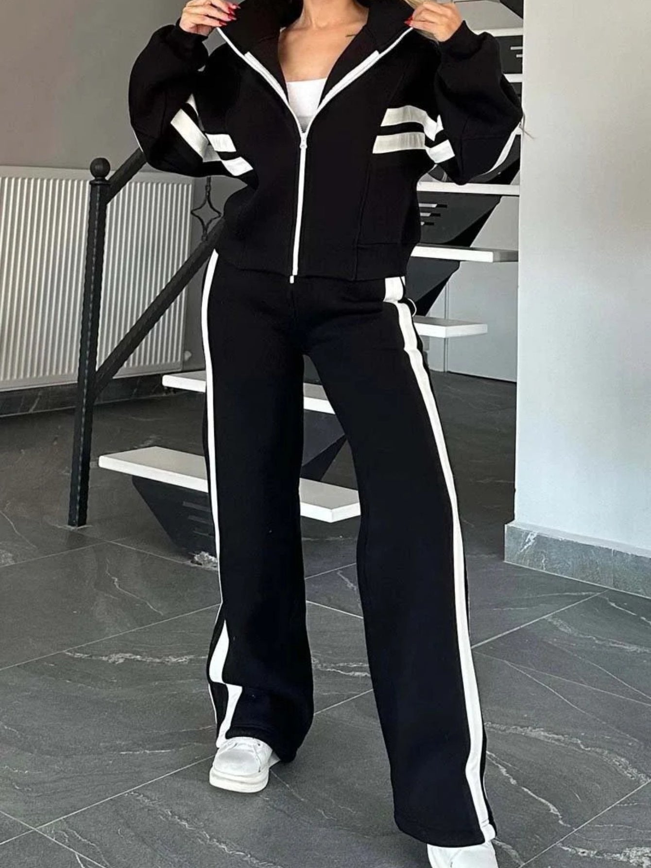 Striped Zipper Jacket and Pants Set