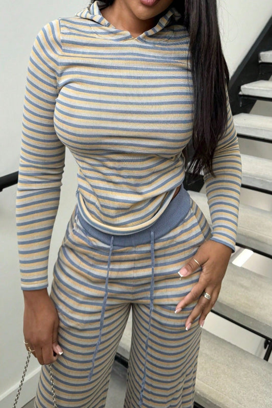 Hooded Striped Cropped Top & Wide-Leg Pants Set