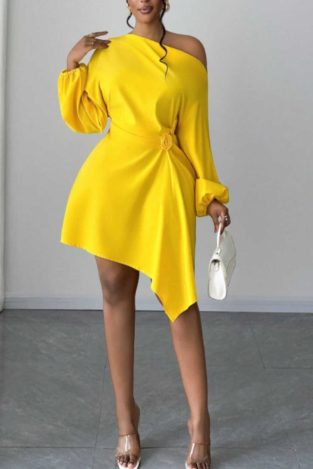 Bright Yellow One-Shoulder Balloon Sleeve Dress