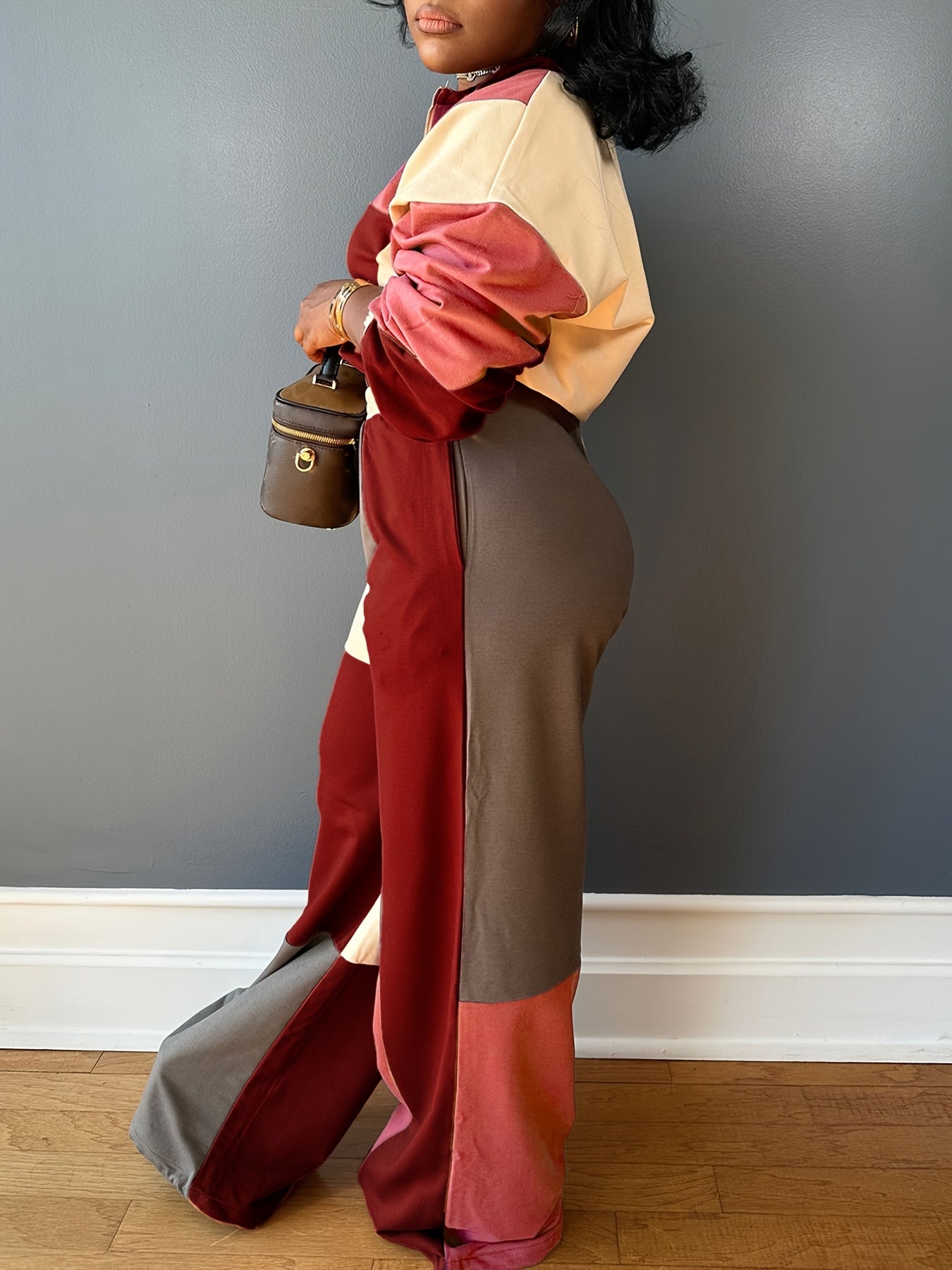 Color Block Cropped Zip Hoodie & High Waist Pants Set