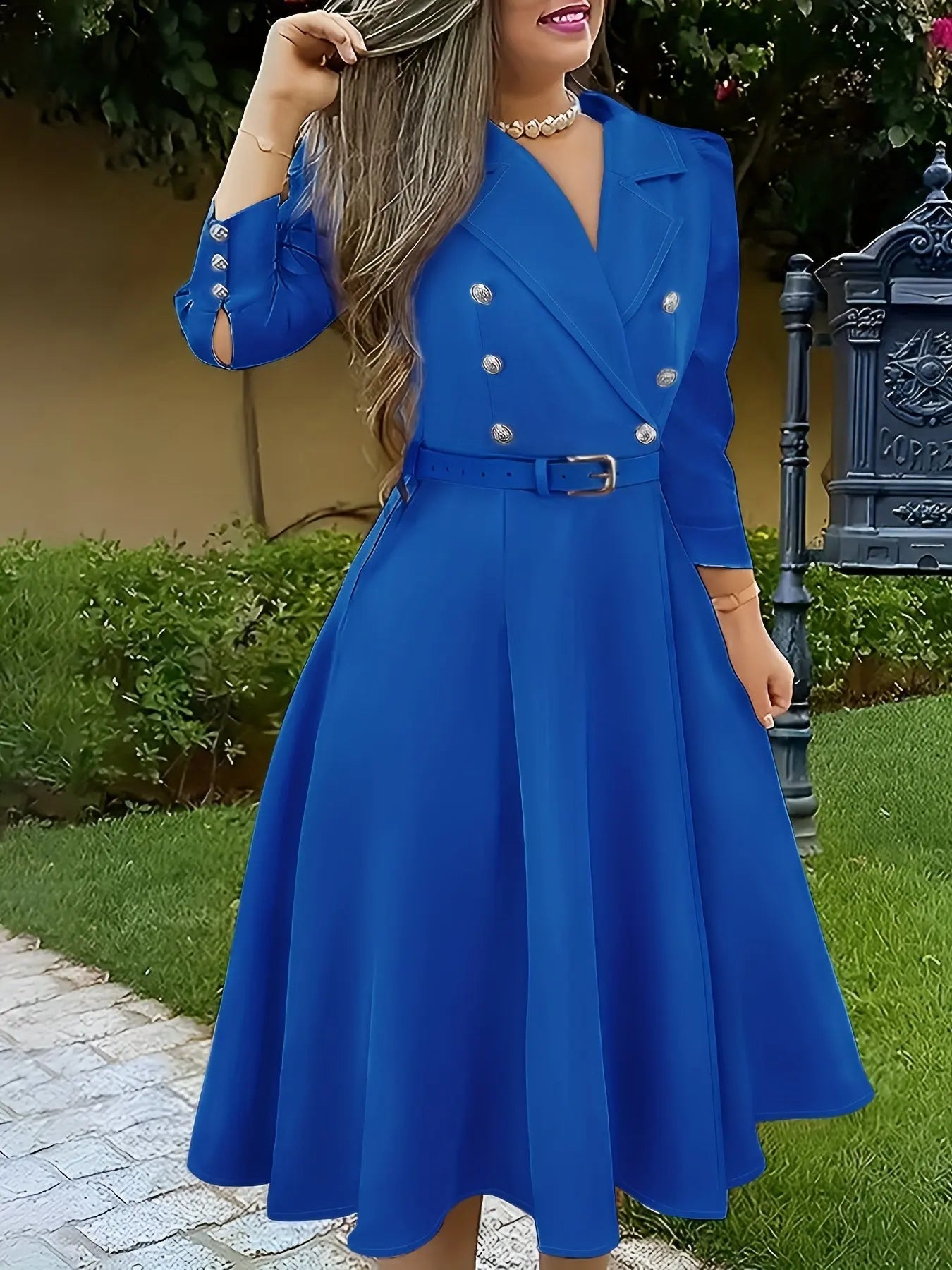 Solid Color Double Breasted Dress, Elegant Lapel Neck Belt Long Sleeve Dress aliexpress