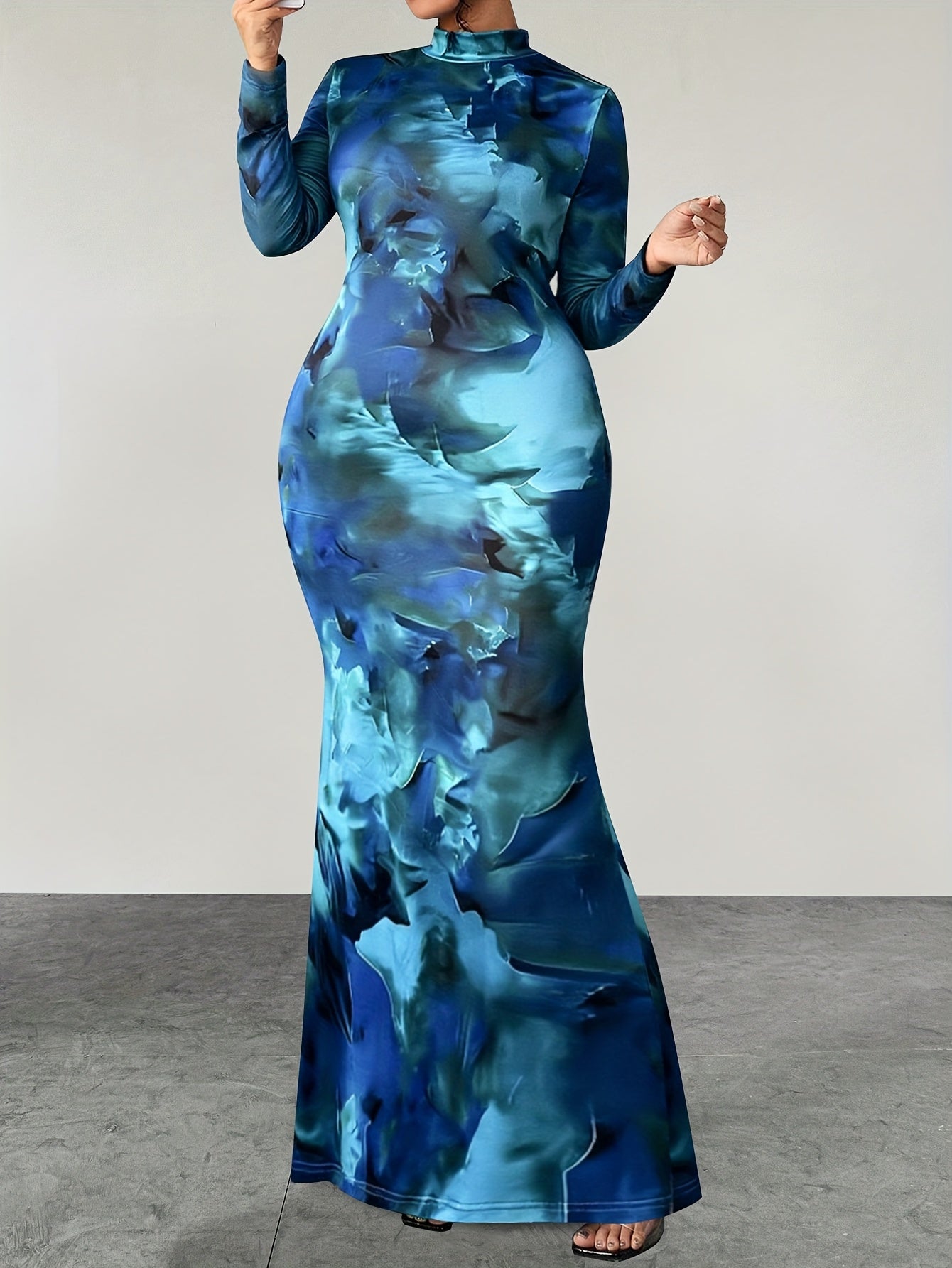 Blue-Green Marble High-Collar Fishtail Dress