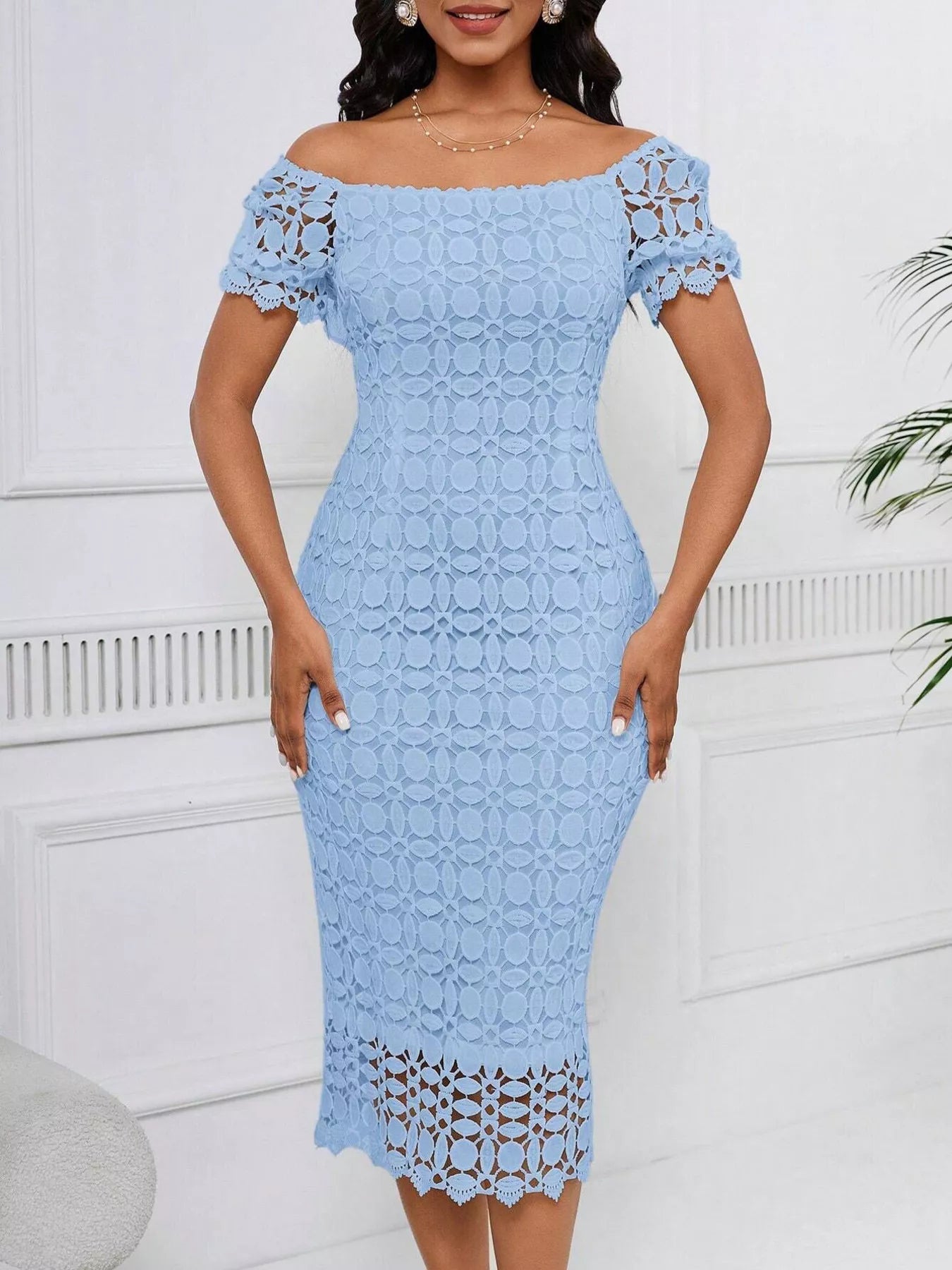 Lace short sleeve midi dress by Trendsi featuring a fitted silhouette and intricate lace fabric, perfect for elegant occasions.