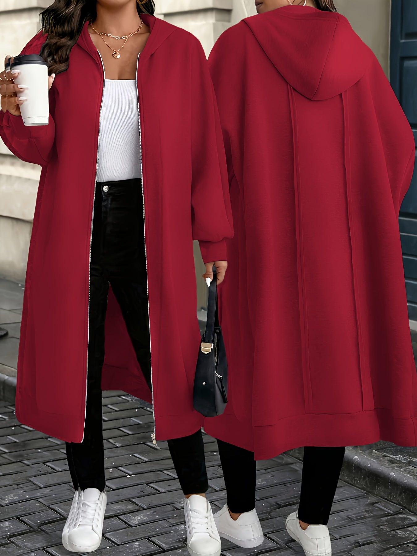 Hooded Zipper Front Long Overcoat
