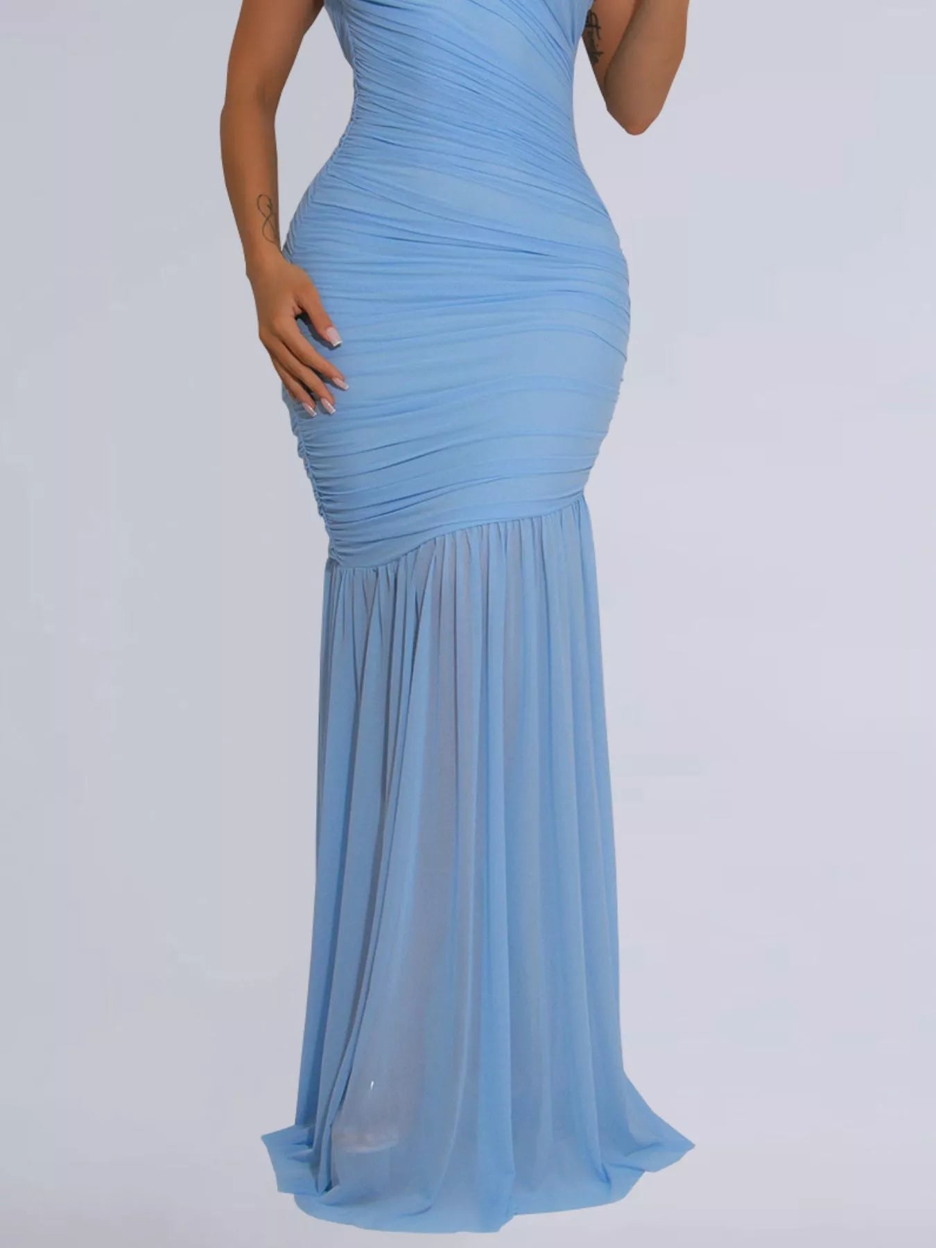 Black one-shoulder ruched bodycon maxi dress from Trendsi, featuring a fitted silhouette and elegant design.