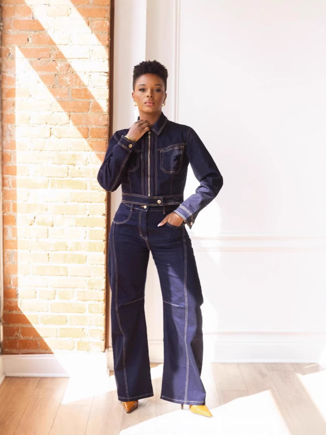 Denim Zipper Front Jacket and Stitched Wide-Leg Jean Set