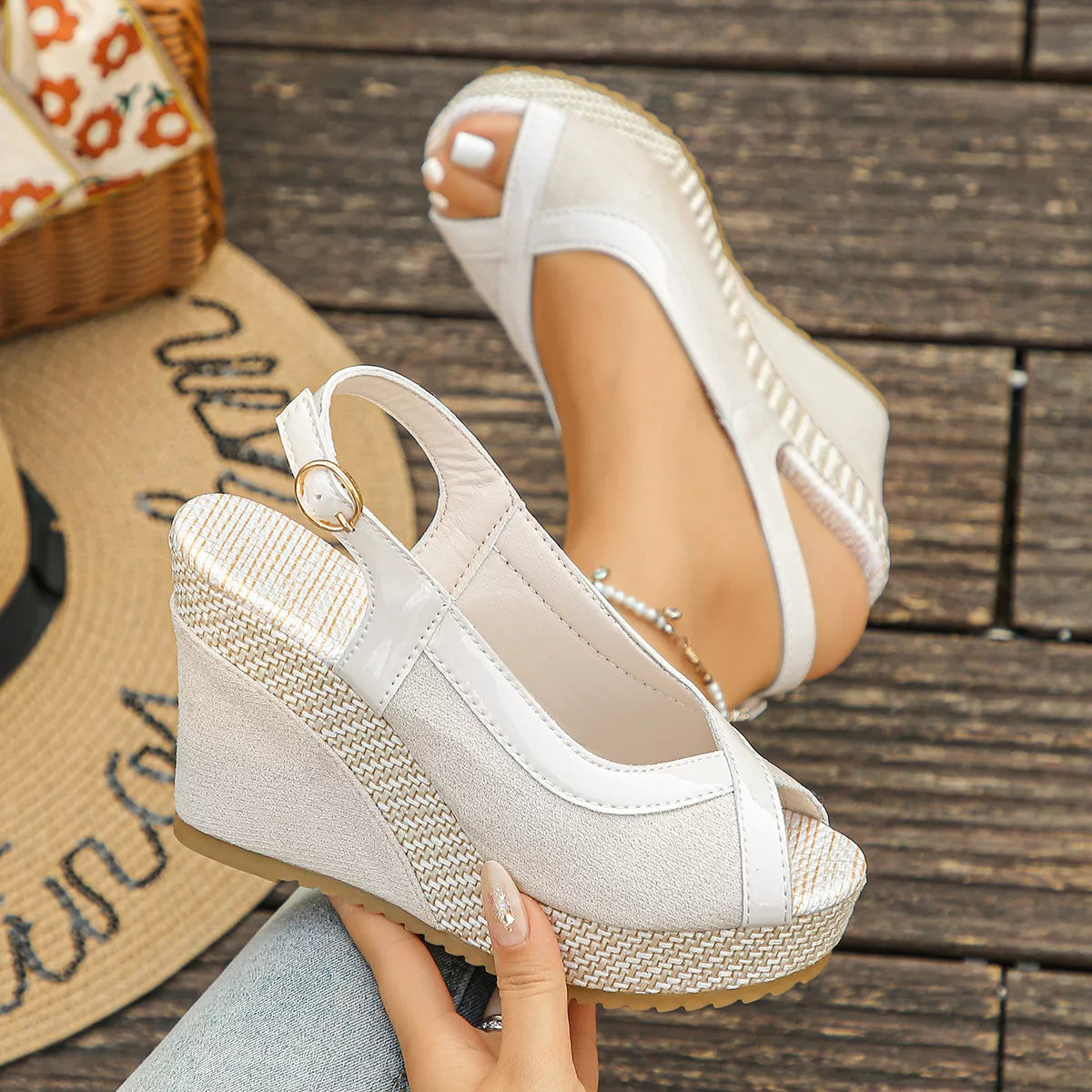 Trendsi peep toe wedge sandals with open-toe design, neutral color, and platform heel, perfect for casual summer wear.
