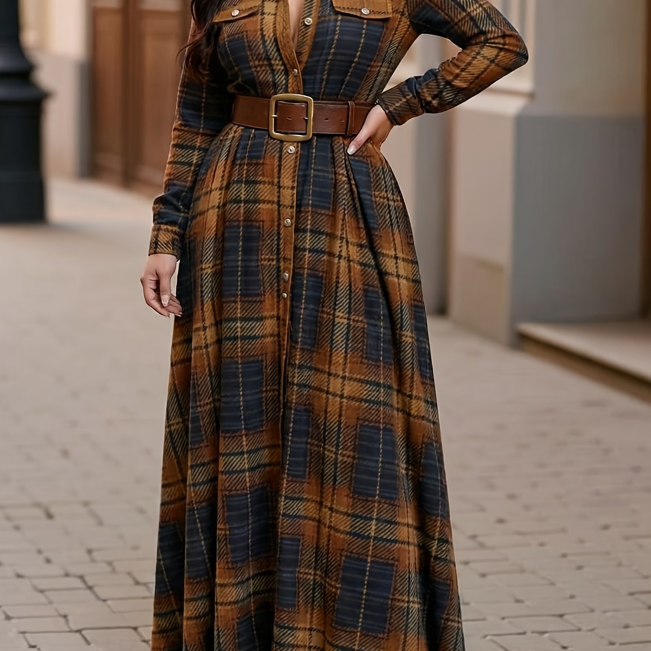 Brown plaid maxi dress by Toshe Womens Fashions featuring a flowing silhouette and long sleeves.