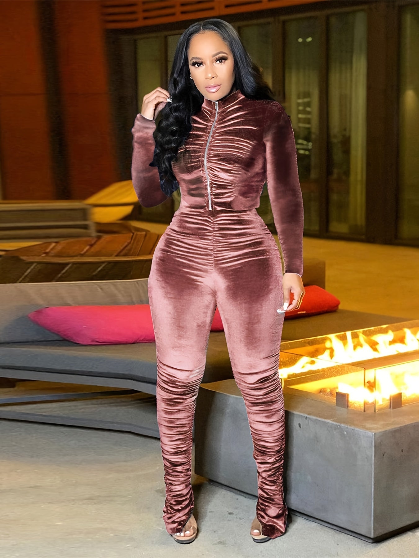 Cropped Zipper Jacket & Fleece Pants Lounge Set