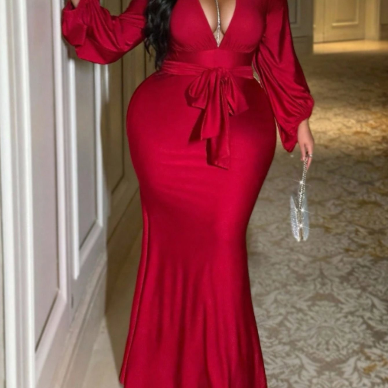 Brilliant Red Deep V-Neck Mermaid Evening Gown –