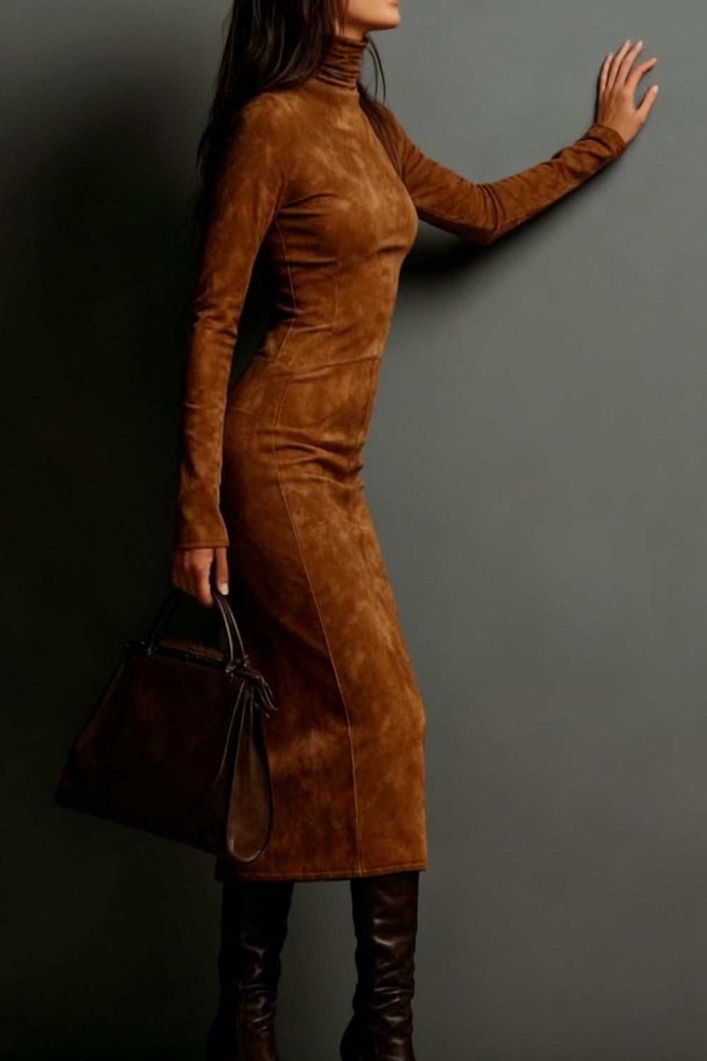 Faux Suede Bodycon Dress with High Neck