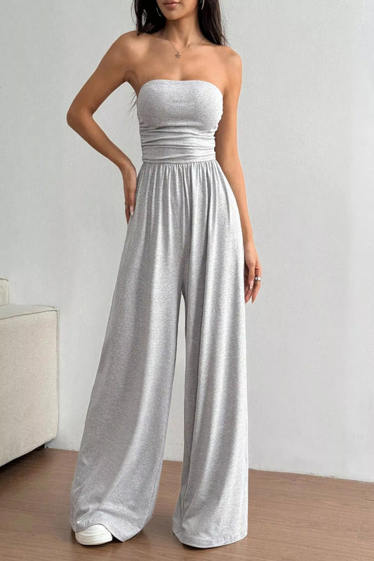 Trendsi effortless chic tube top wide-leg jumpsuit, showcasing its stylish fit and flowy wide-leg design in a sleek, modern look.
