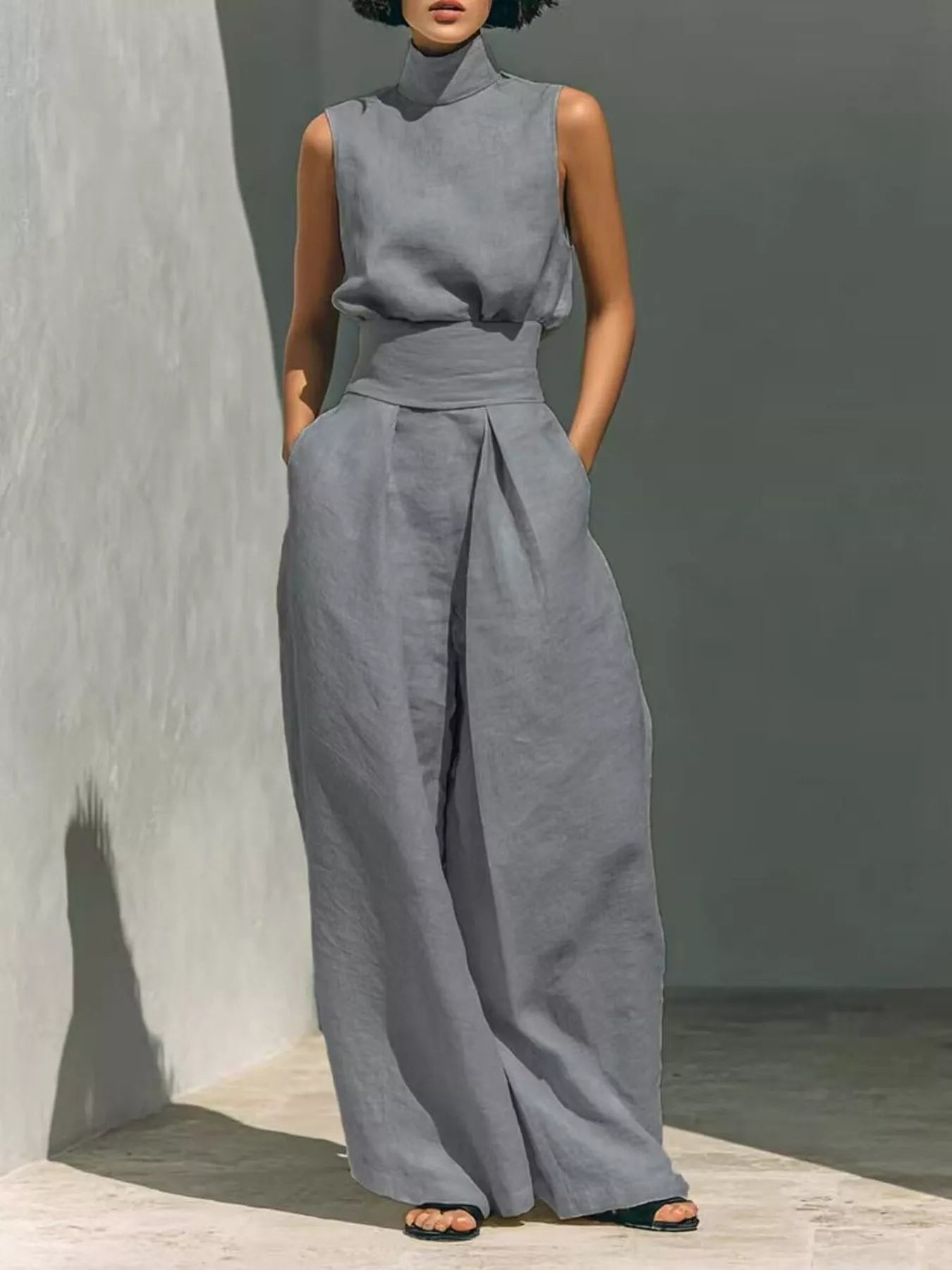 Trendsi high neck sleeveless top and wide leg pants set in neutral tones, styled for a casual chic look.