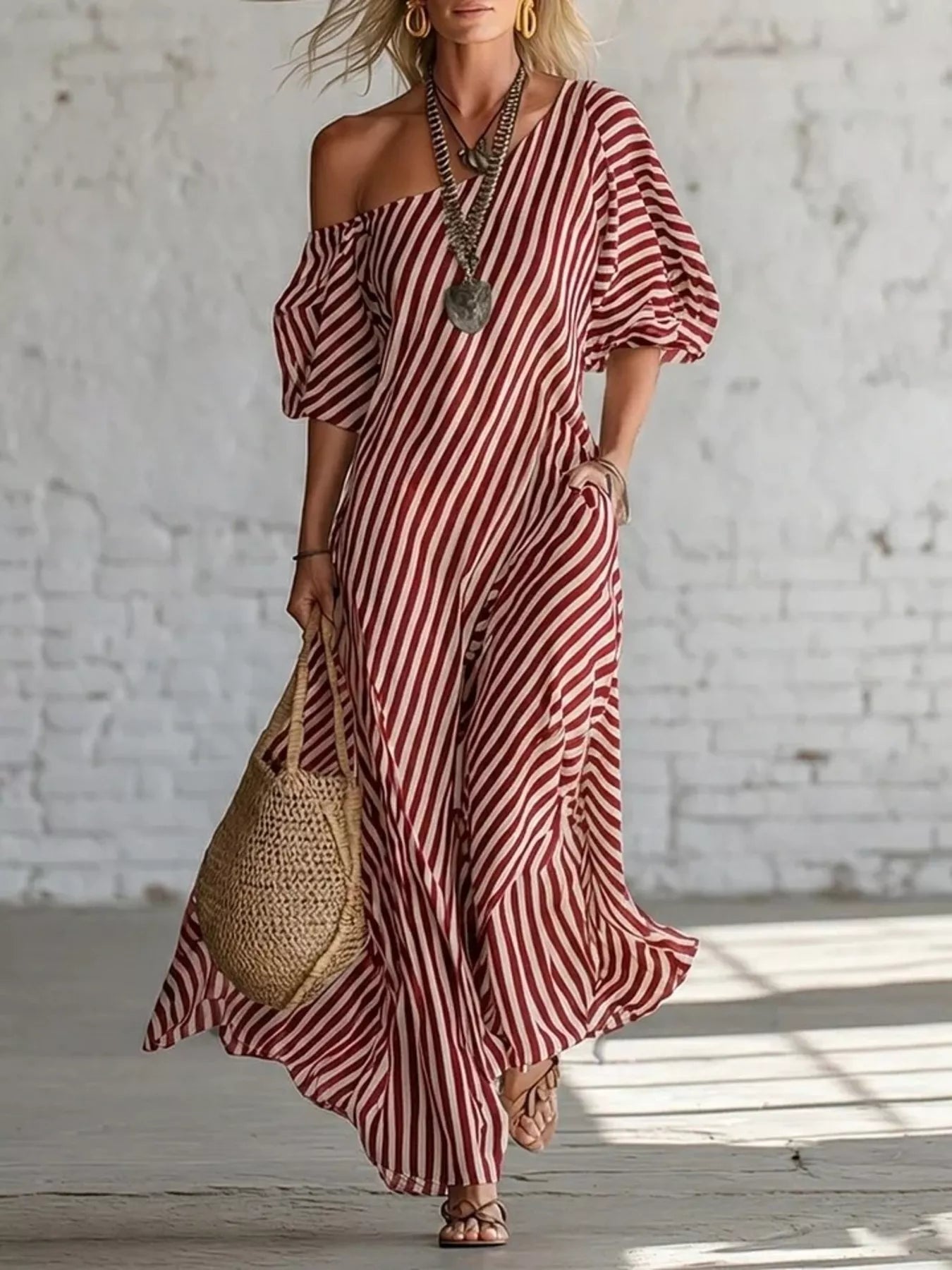 Striped one-shoulder maxi dress by Trendsi featuring bold vertical stripes and flowing fabric, perfect for summer or casual wear.