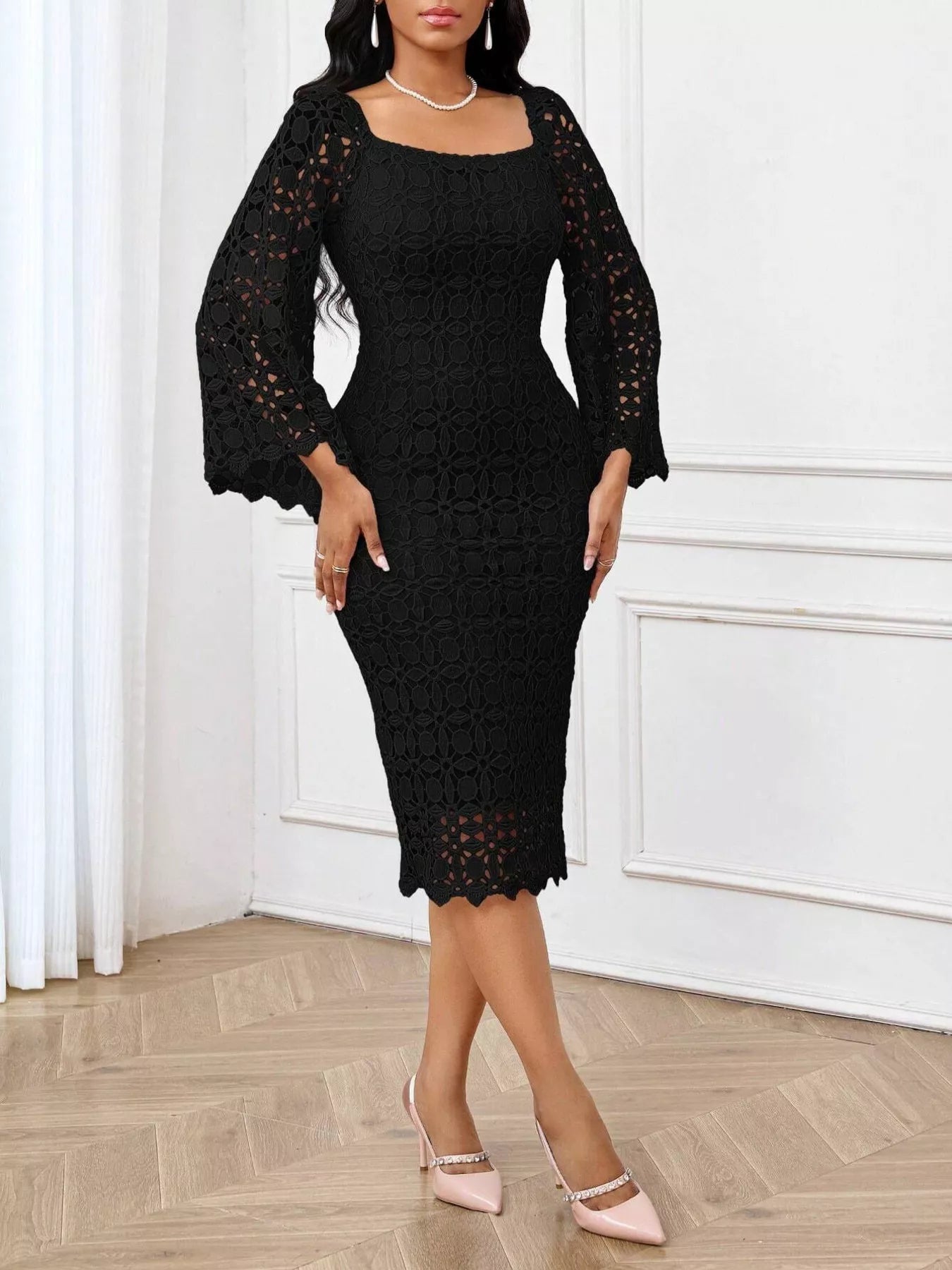 Lace square neck midi dress in white with long sleeves, fitted bodice, and flared skirt, from Trendsi.