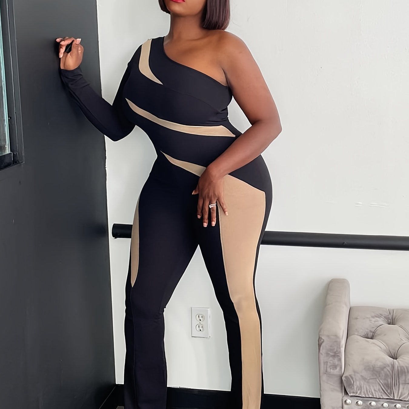 Black Black & Beige Off-Shoulder Mesh Panel Jumpsuit – Elegant Wide-Leg One-Piece Outfit