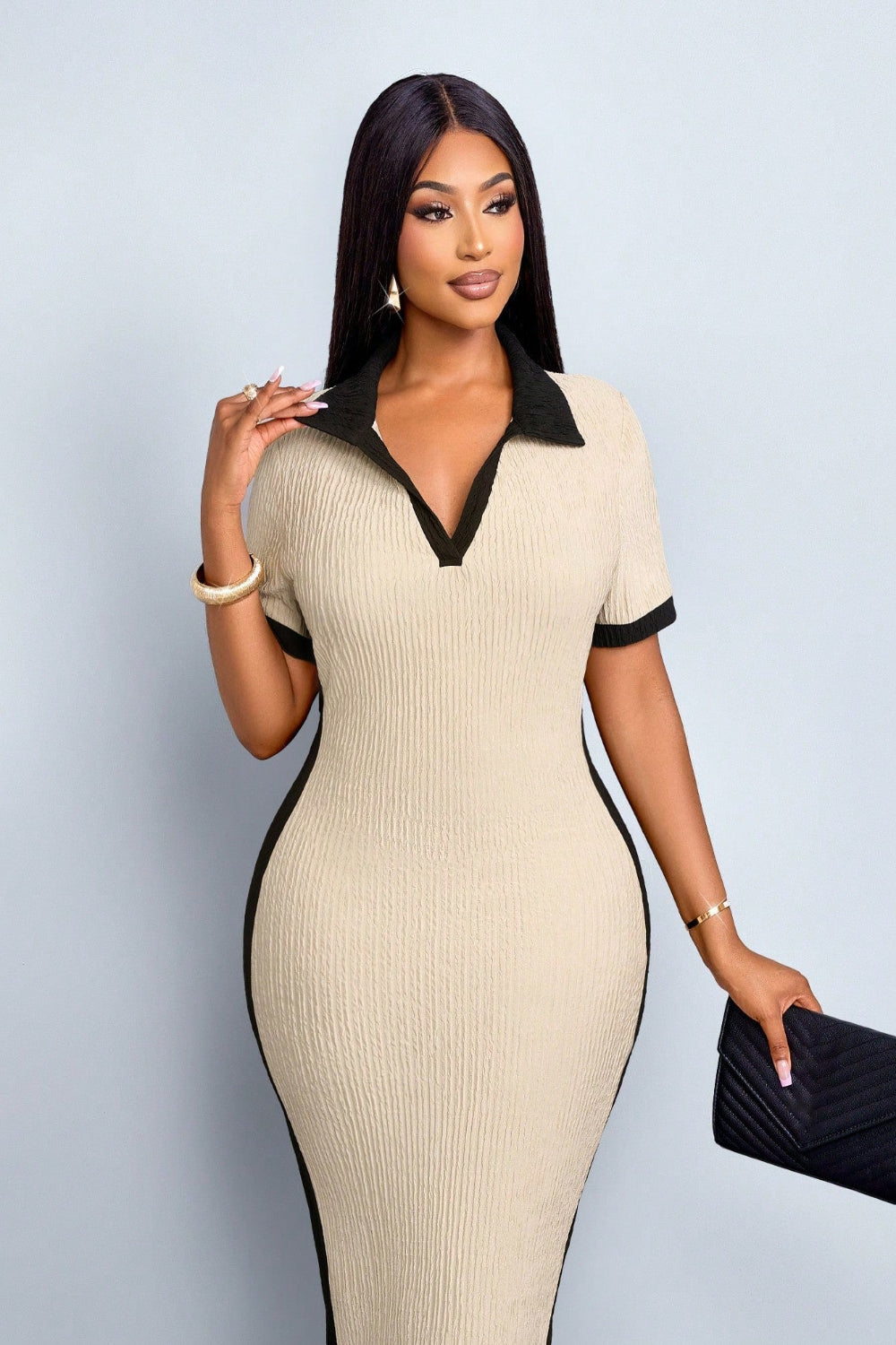 Sophisticated Charm Contrast-Collar Midi Dress – Effortless Elegance for Every Occasion