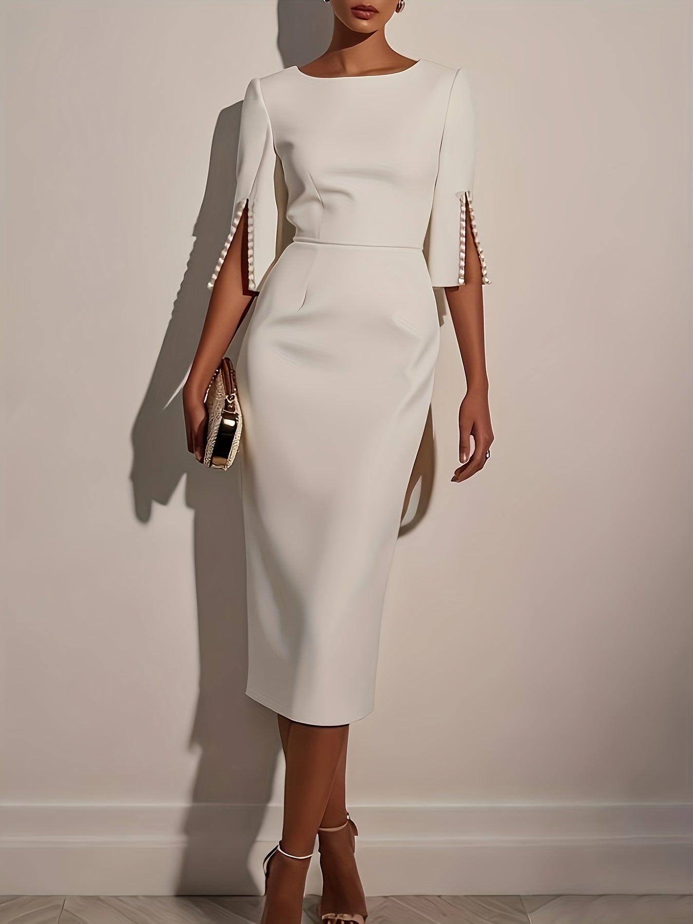 White Pearl Accented Evening Dress – Elegant Half-Sleeve Cocktail & Formal Dress
