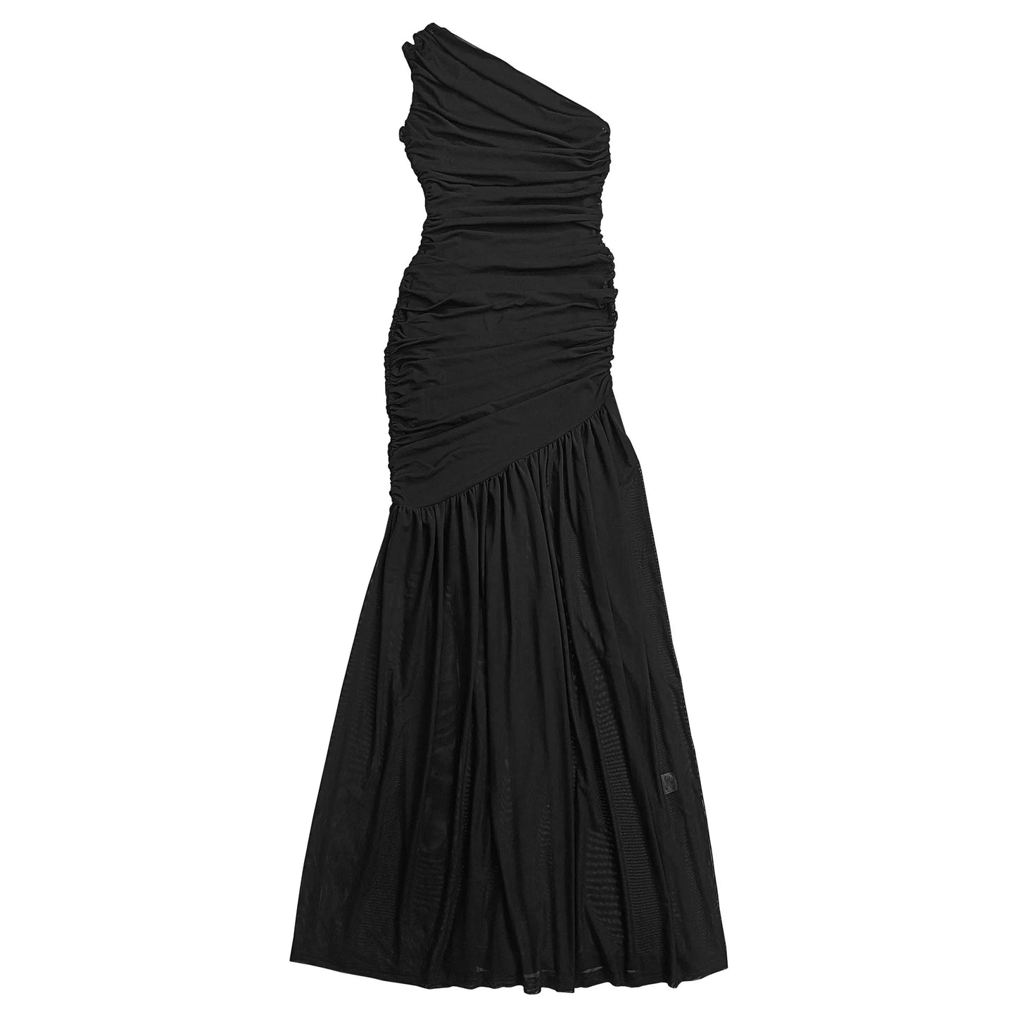 Elegant black one-shoulder ruched bodycon maxi dress by Trendsi, showcasing sleek fit and stylish design for formal occasions.