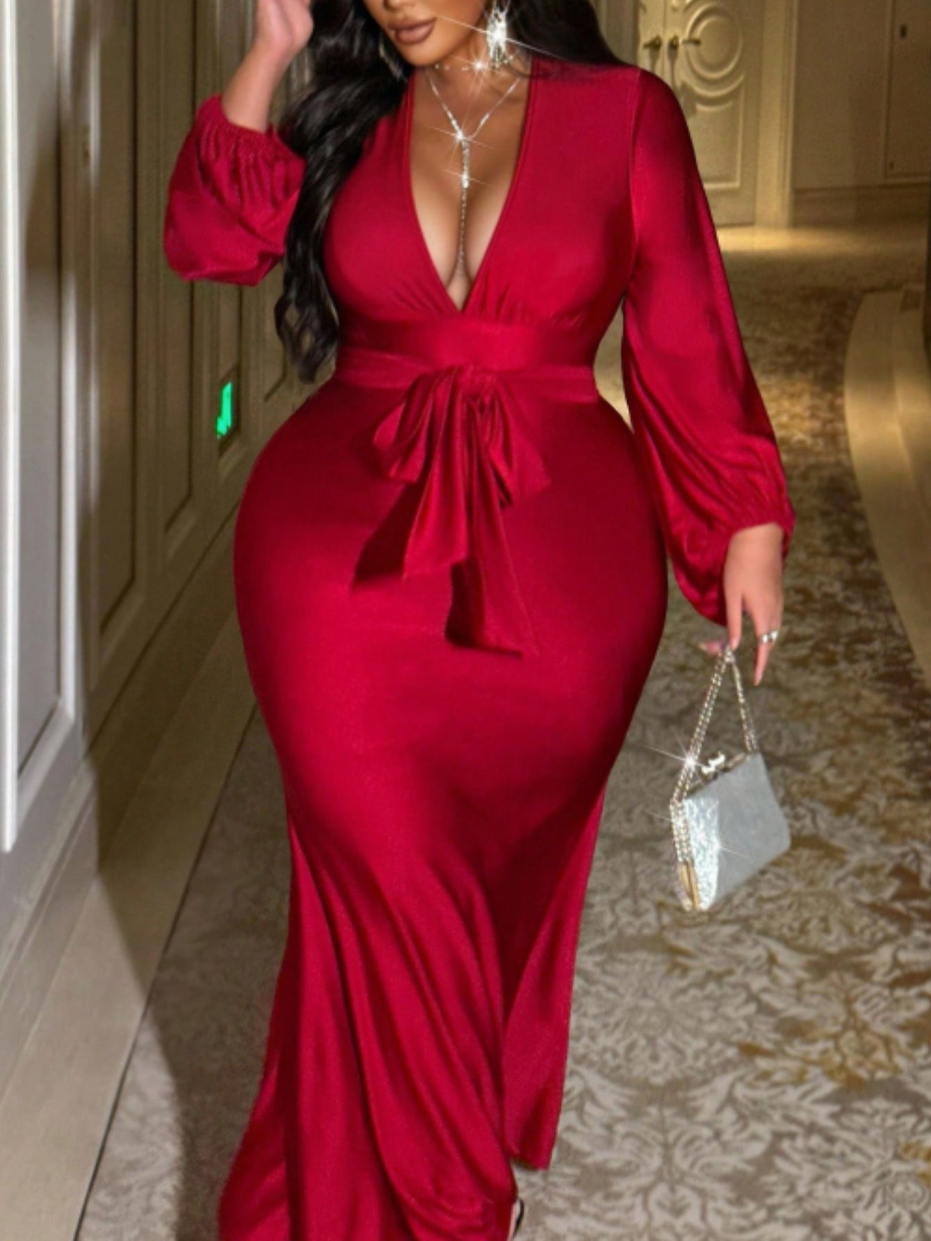 Brilliant Red Deep V-Neck Mermaid Evening Gown –