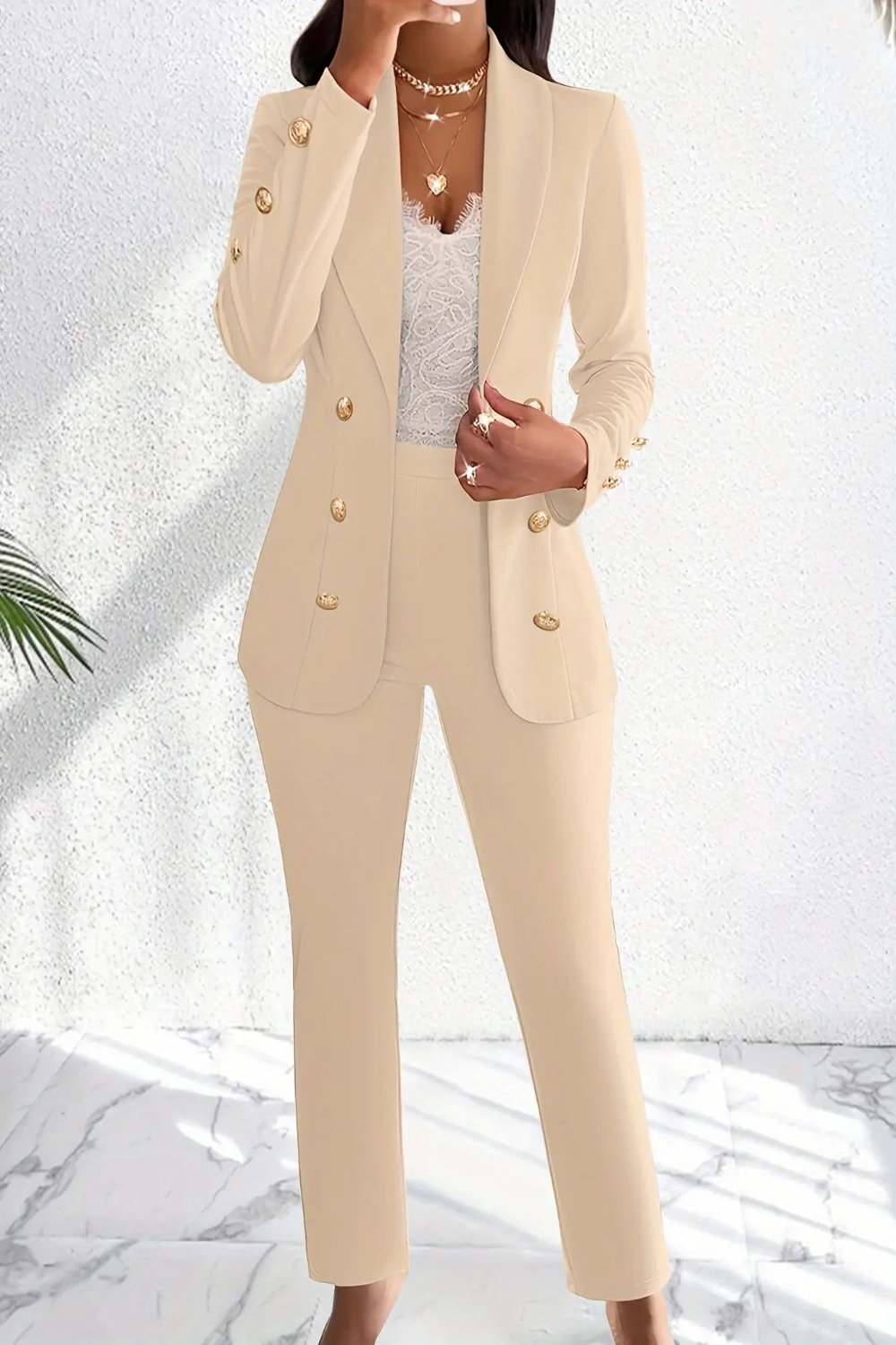 Double Breasted Shawl Collar Blazer and High Waist Pant Suit Toshe Women's Fashions