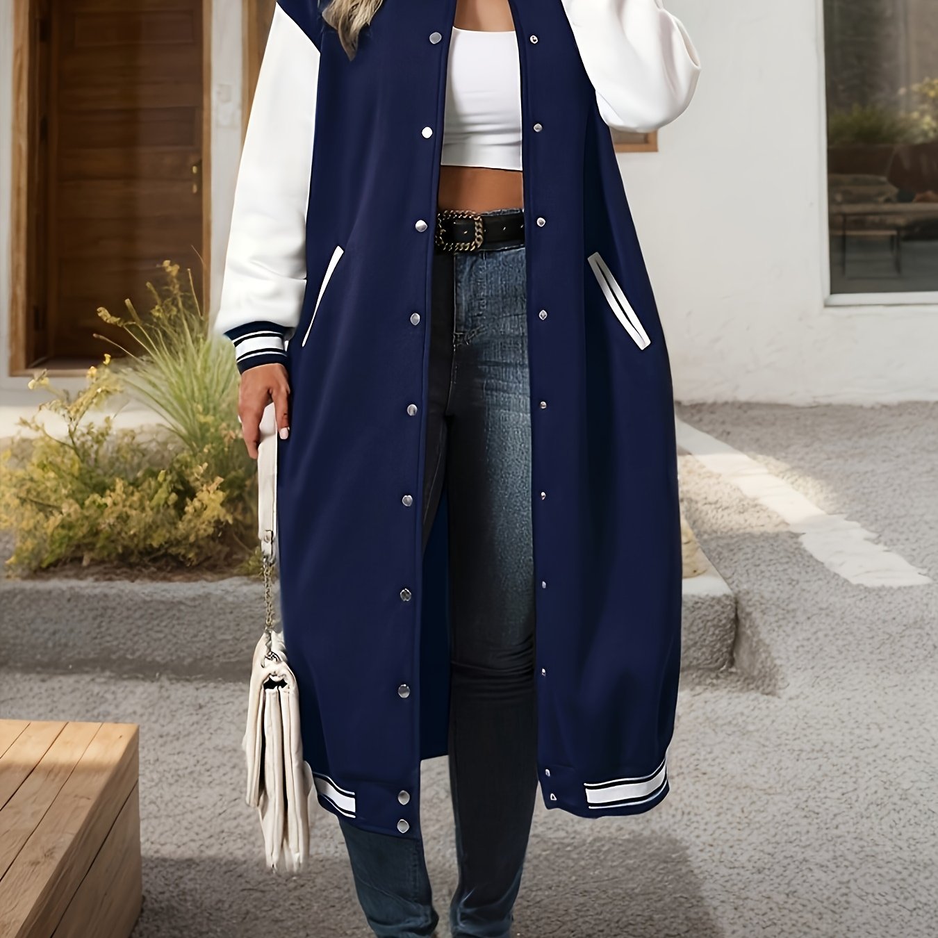 College Style Color Block Jacket – Gold Button Varsity Blazer for Women