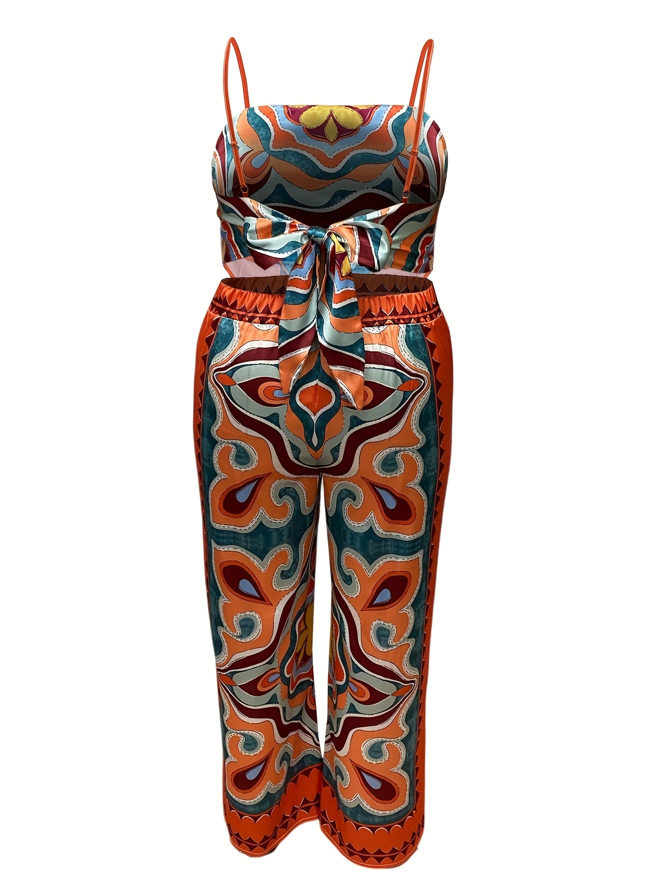 Geometric Print Spaghetti Strap V Shape Hem and Straight Pants Set