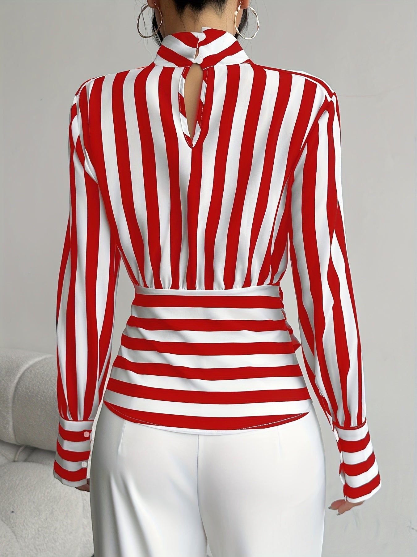 Elegant High-Neck Stripe Blouse – Adjustable Waist Tie, Long Sleeves & Smooth Fabric
