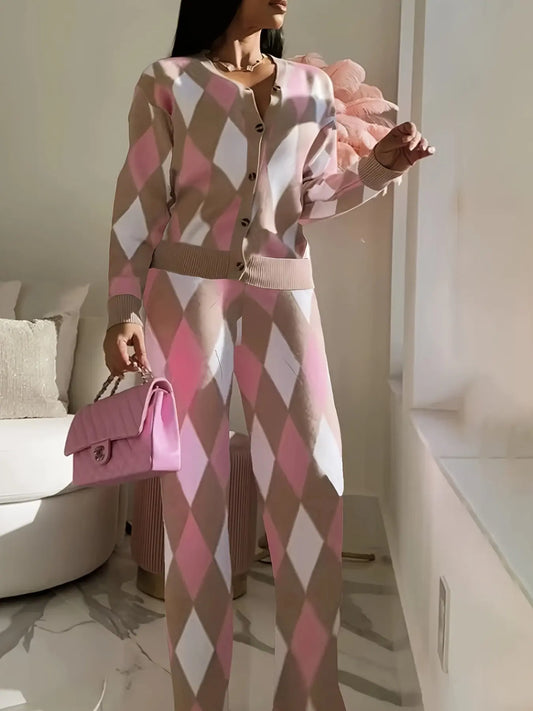 Argyle Pattern Casual Knitted Cardigan & Straight Leg Pantsuit Temu