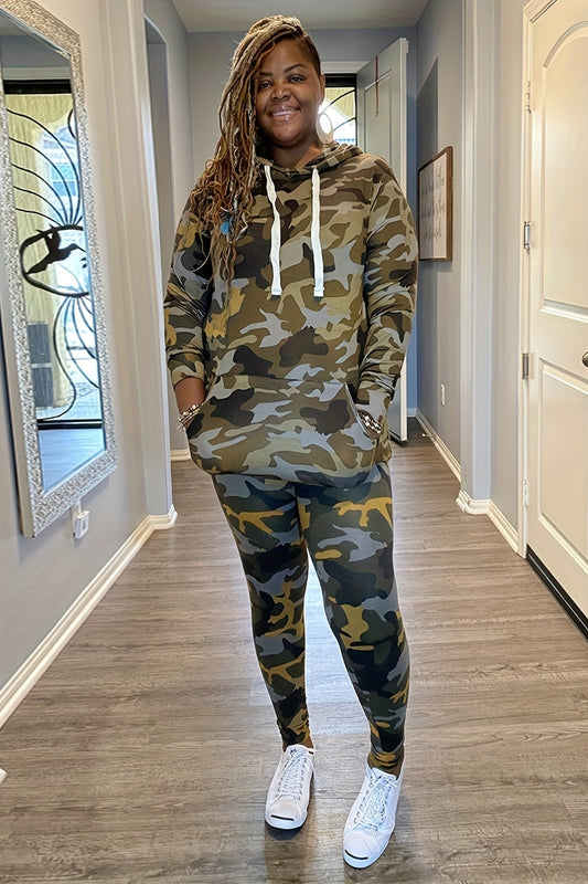Camouflage Print Hooded Drawstring Pullover + Pants Set