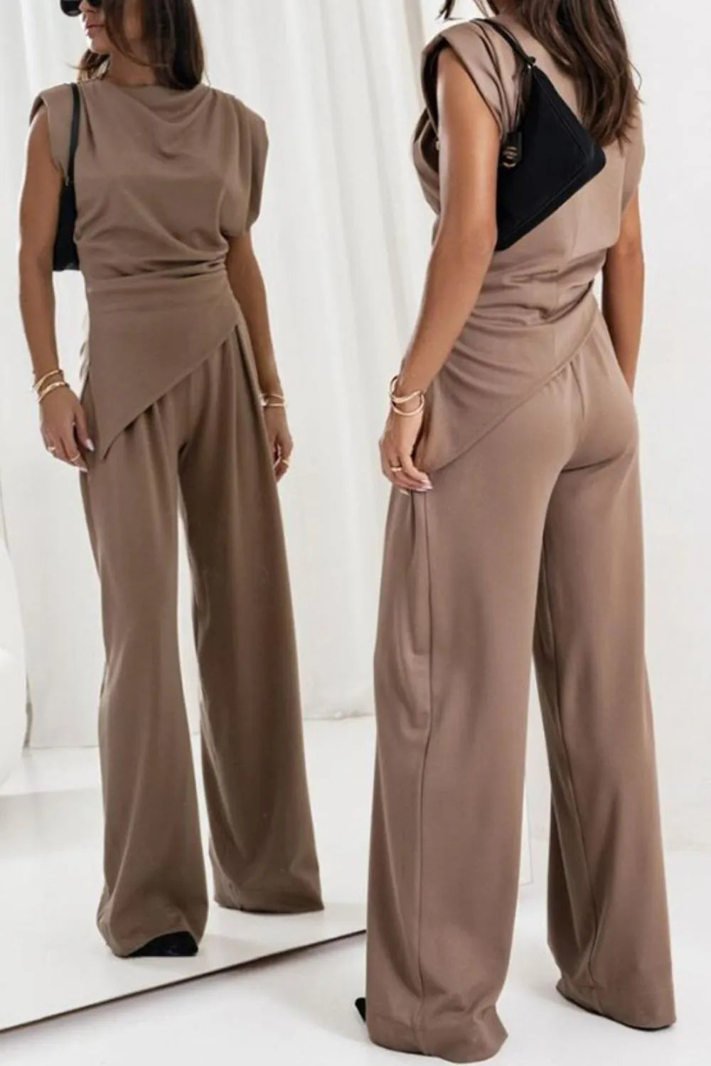 Draped sleeveless asymmetric top and matching pants set by Trendsi, stylish and elegant for modern fashion looks.