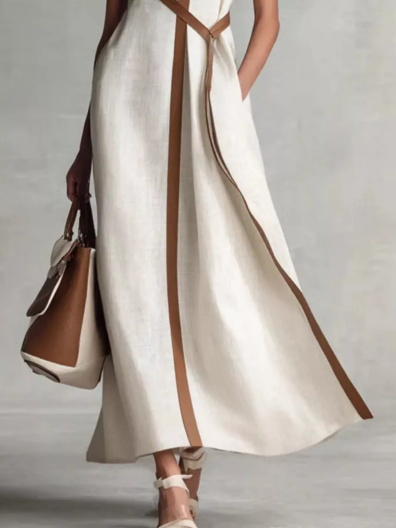 Sleeveless maxi dress with contrast trim from Trendsi, featuring a flowing silhouette and stylish design.