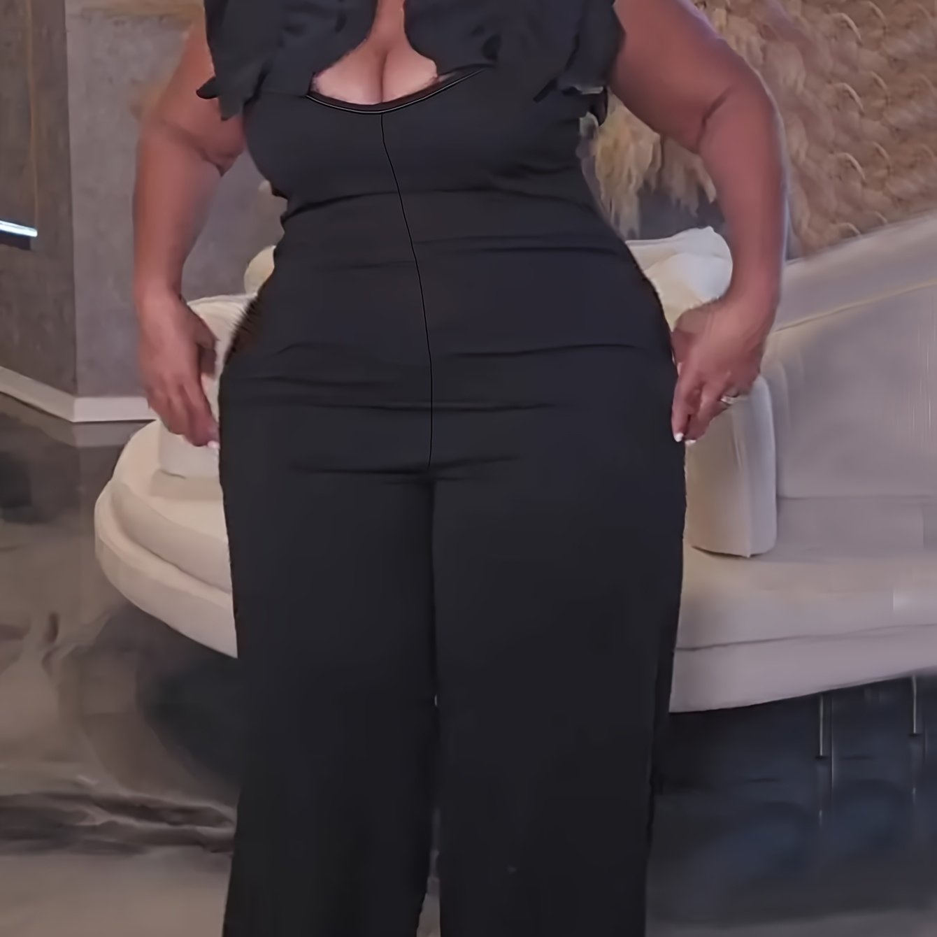 Black Ruffle Collar Wide-Leg Jumpsuit – Elegant High-Waist One-Piece Outfit