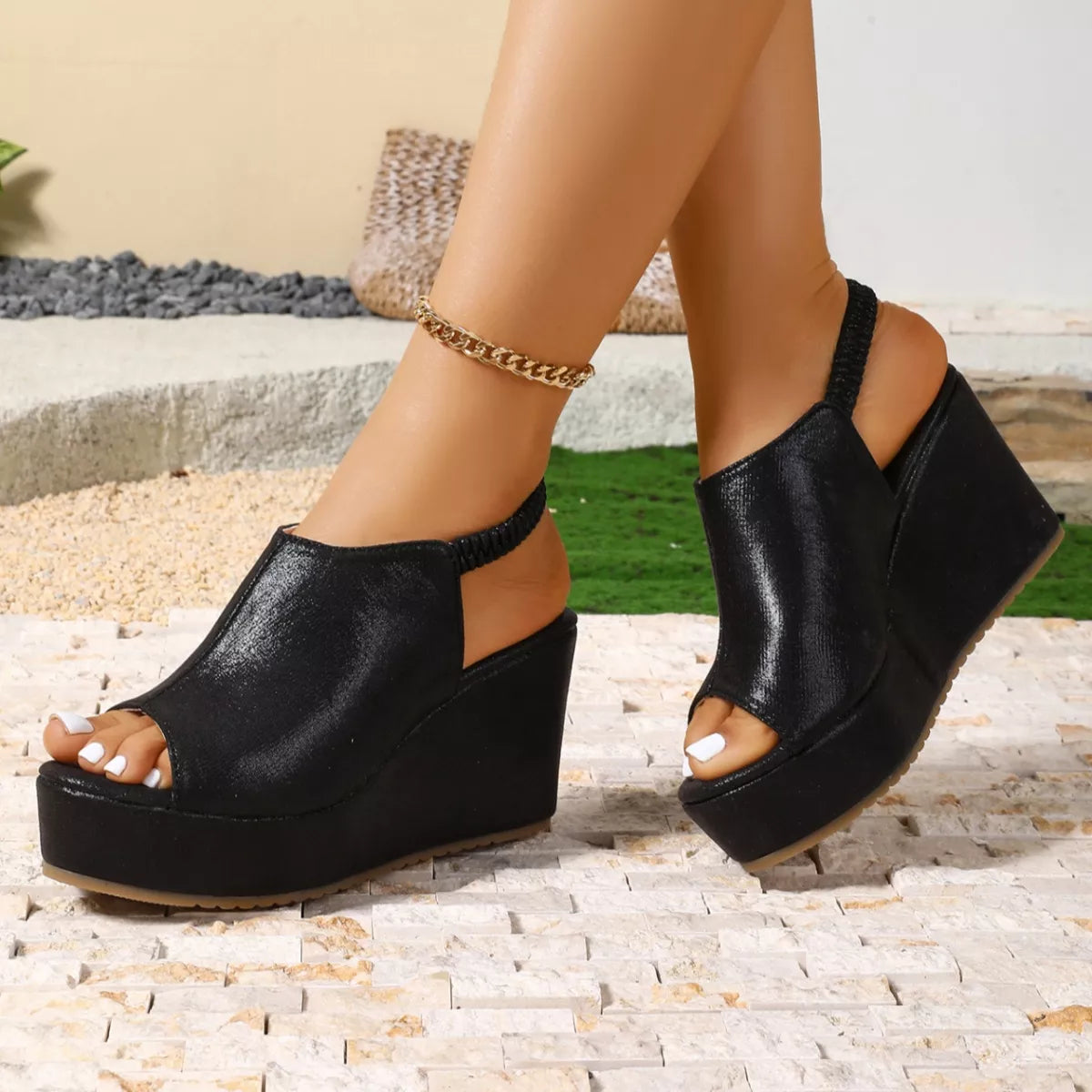 Trendsi peep toe wedge sandals with open toe design and chunky heel, featuring neutral-colored straps for summer wear