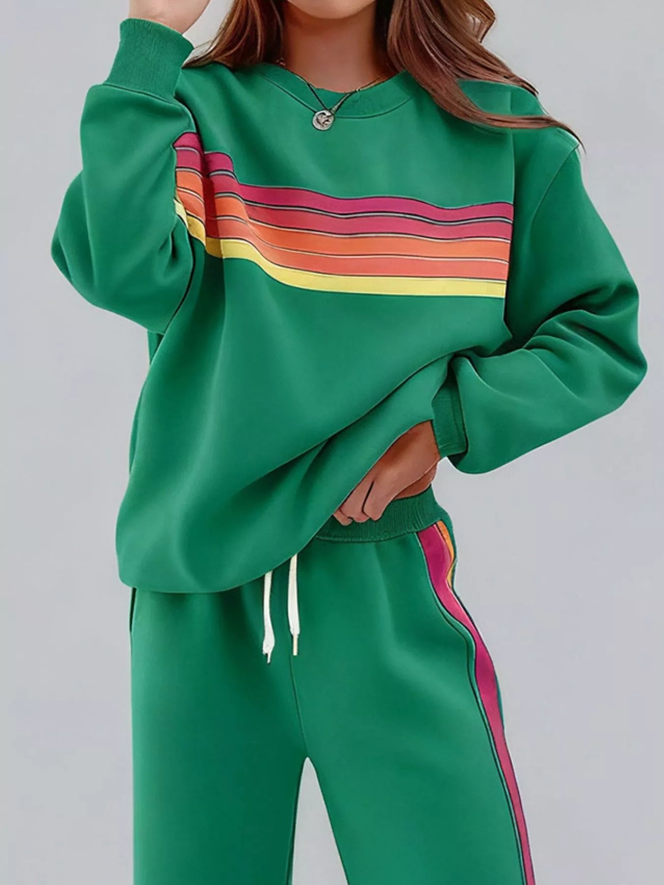Striped round neck sweatshirt and pants set by Trendsi, cozy casual loungewear with horizontal stripe pattern in soft fabric