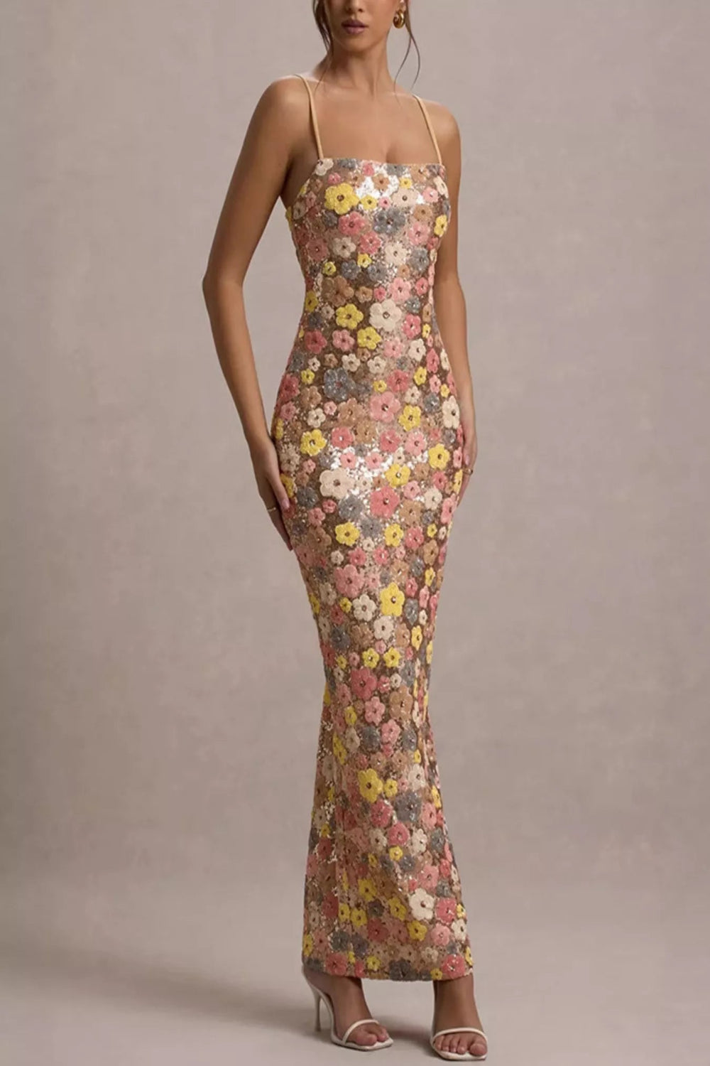 Floral sequin embellished bodycon maxi dress for after 5 occasions, featuring vibrant floral details and a fitted silhouette.