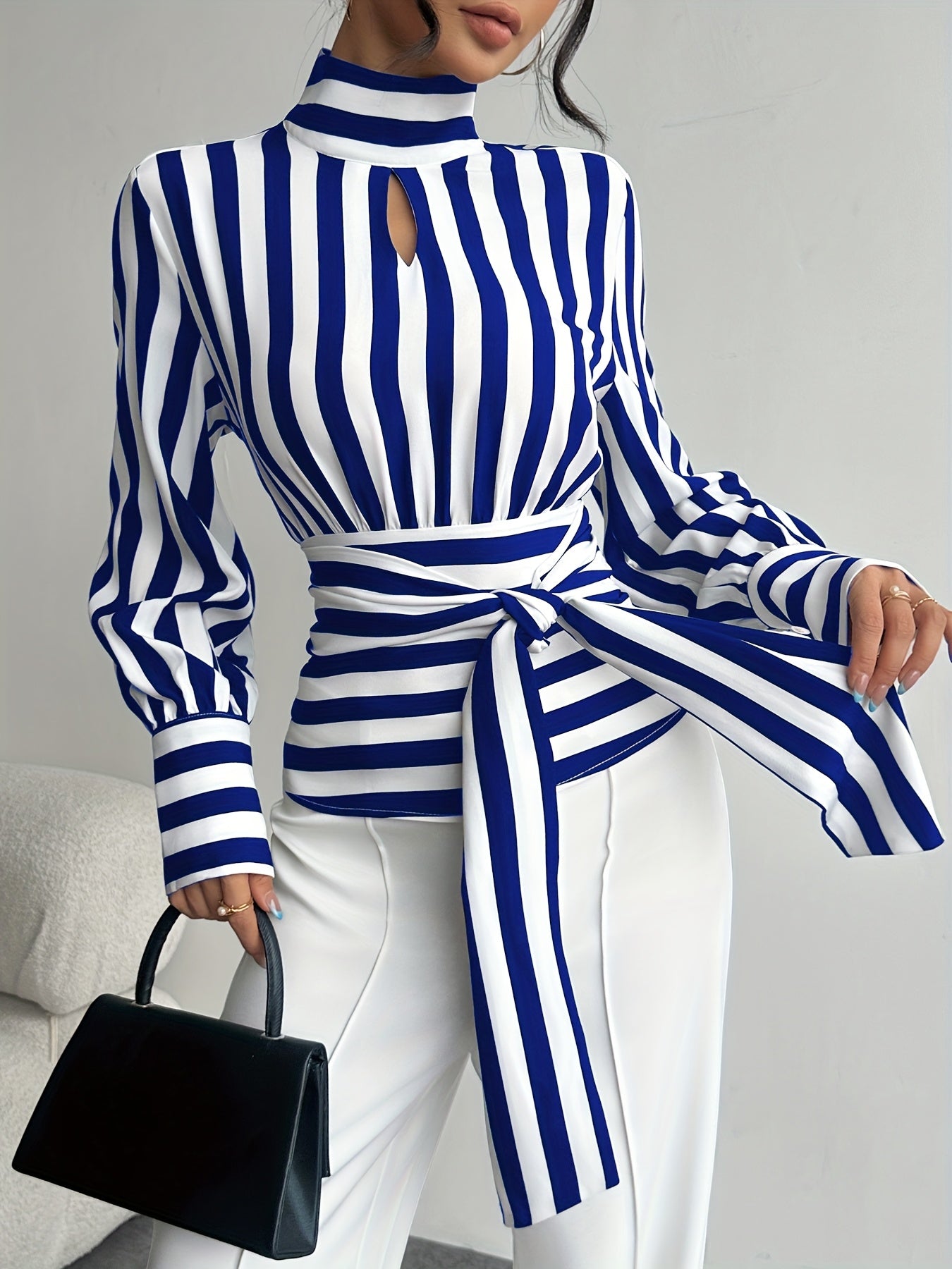 Elegant High-Neck Stripe Blouse – Adjustable Waist Tie, Long Sleeves & Smooth Fabric