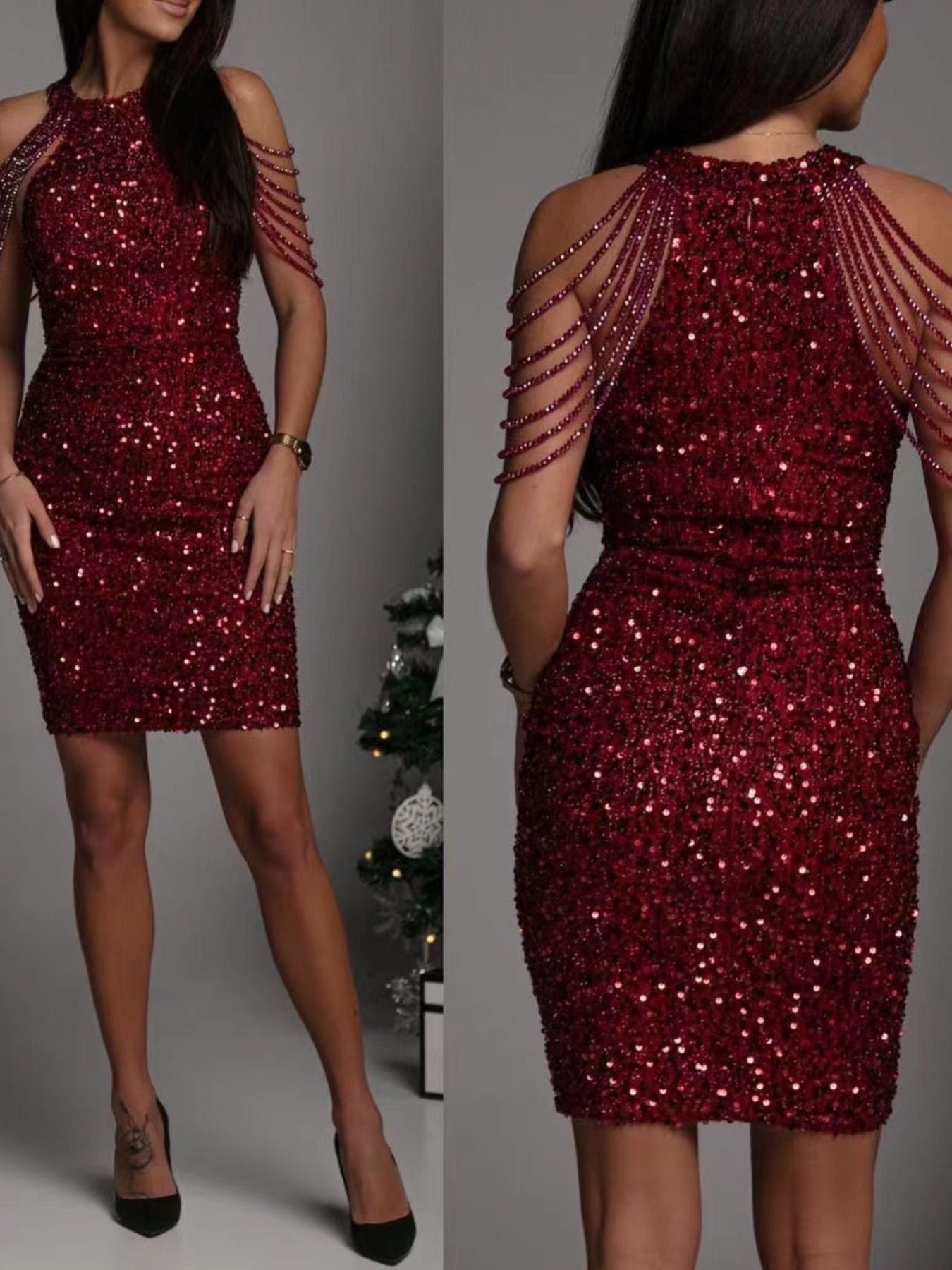 Sequin embellished black bodycon mini dress for after 5 occasions, stylish and fitted, by Trendsi.