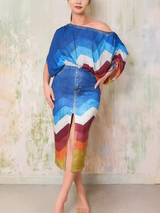 Blue one-shoulder top and slit skirt set from Trendsi, featuring stylish design and flattering fit for modern fashion.