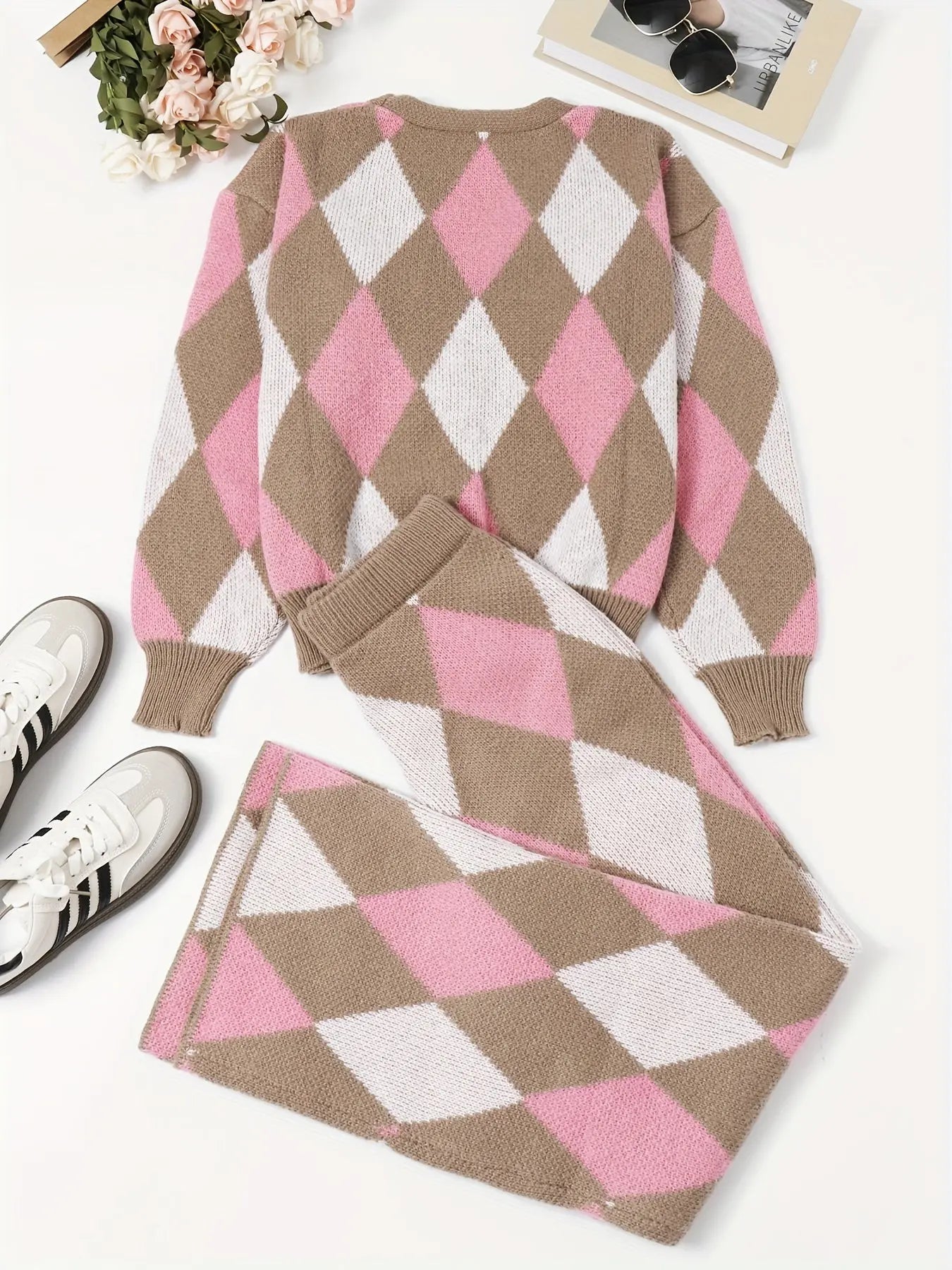 Argyle Pattern Casual Knitted Cardigan & Straight Leg Pantsuit Temu