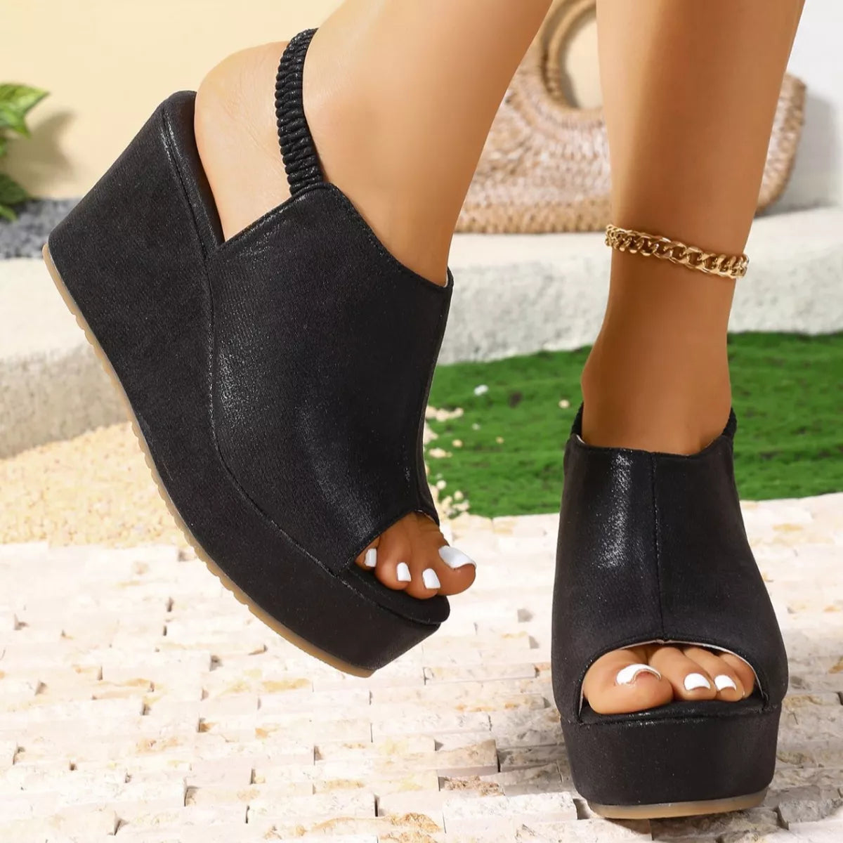 Trendsi peep toe wedge sandals with open toe design, tan straps, and chunky heel on smooth sole.