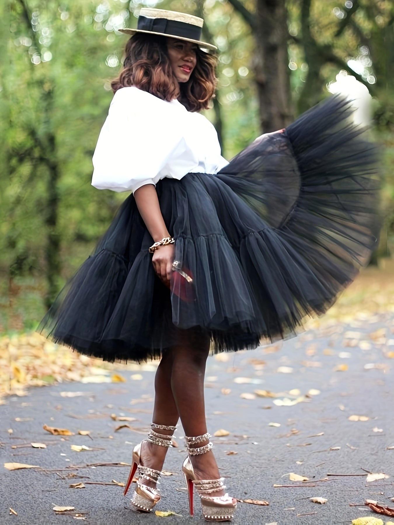 Mesh Overlay Tiered Midi Flared Hem Skirt