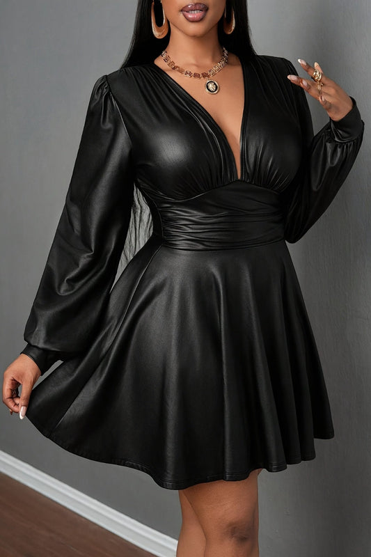 Faux Leather Deep V-Neck Mini Dress